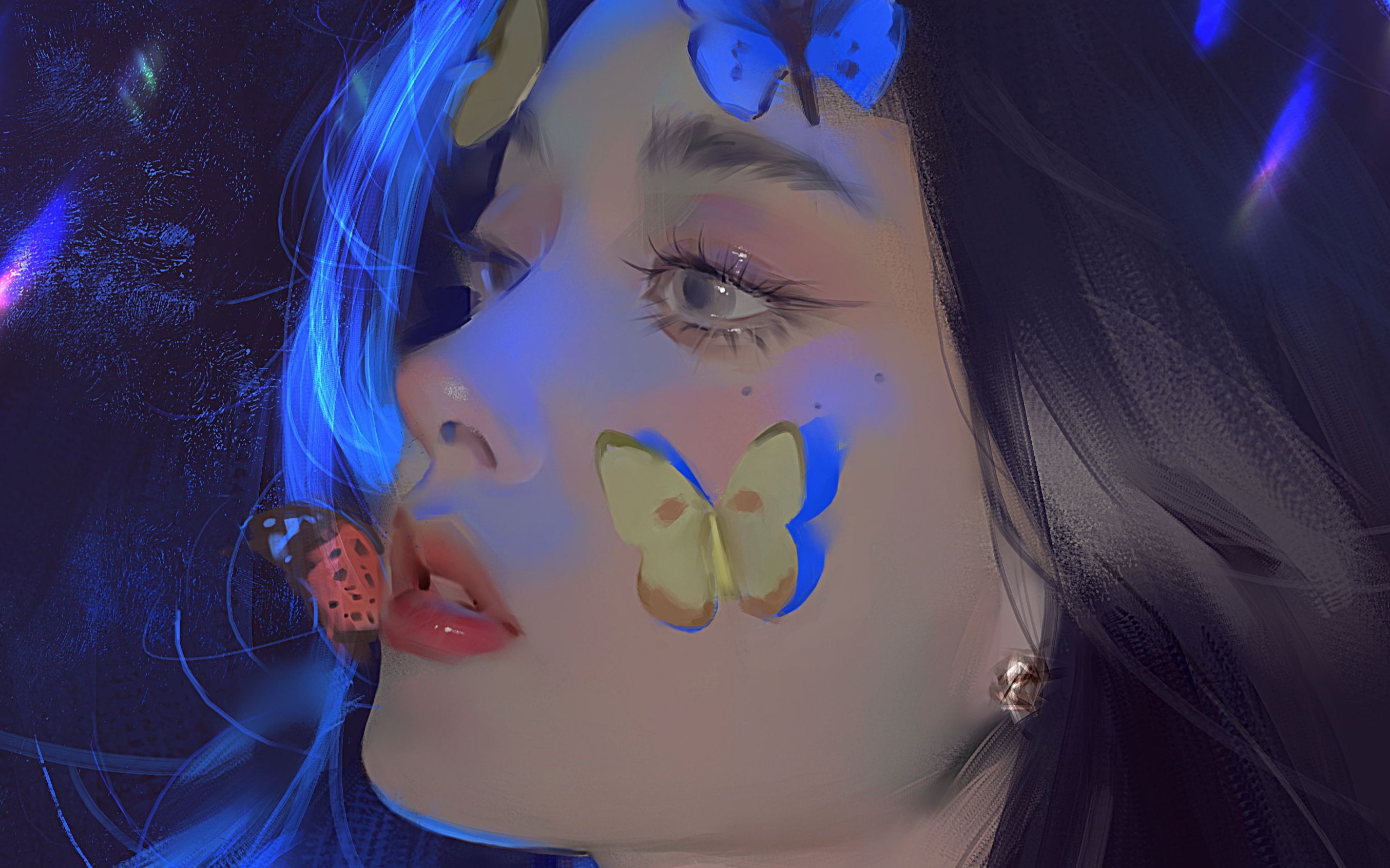 Woman with butterflies and blue light HD Wallpaper