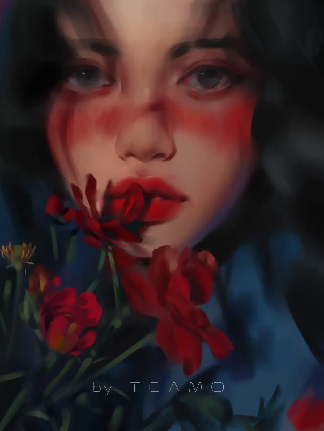 Artwork by TEAMO featuring a woman with red face paint and flowers HD Phone Wallpaper