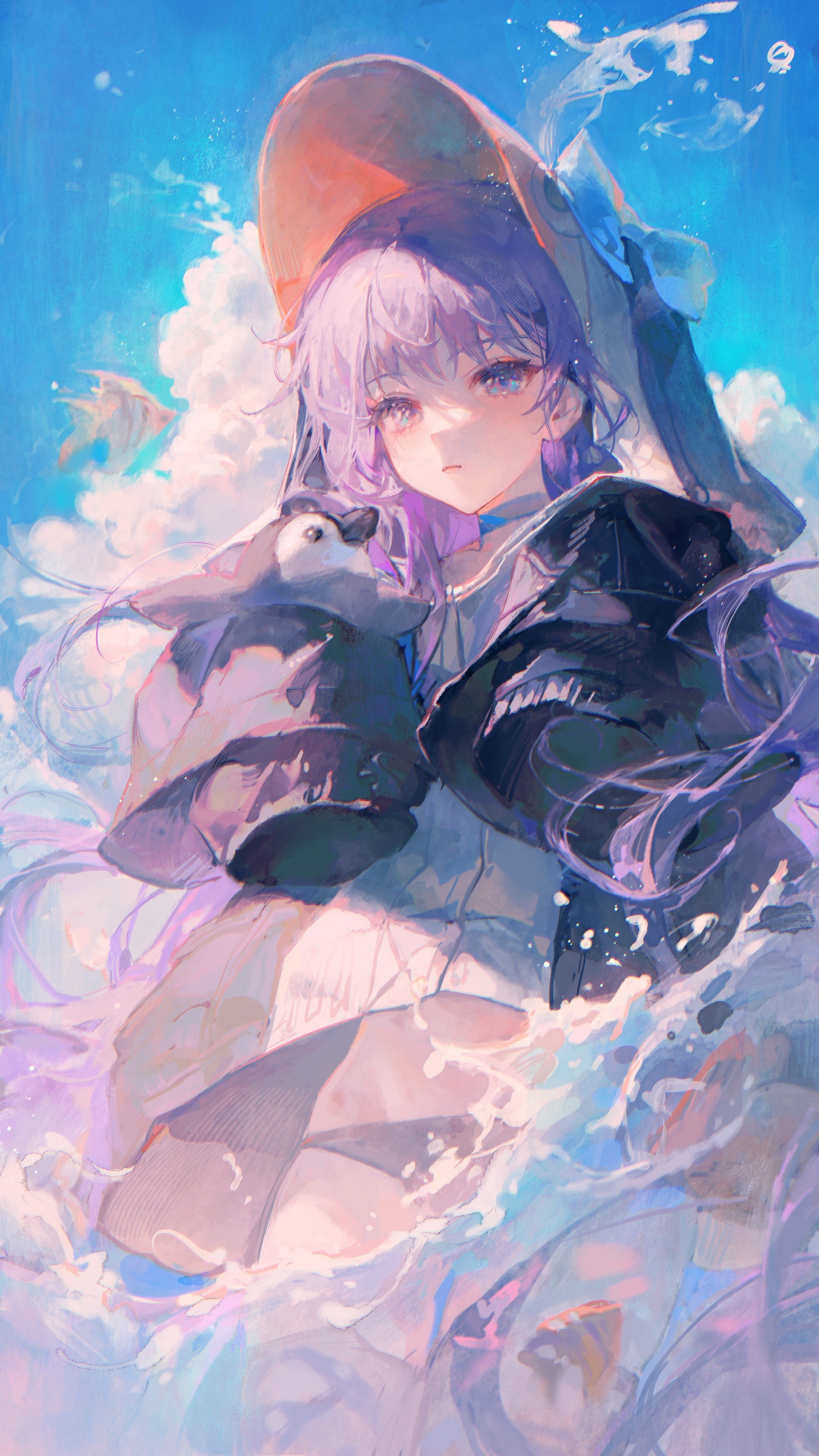 Meltlilith with a penguin in the water HD Phone Wallpaper