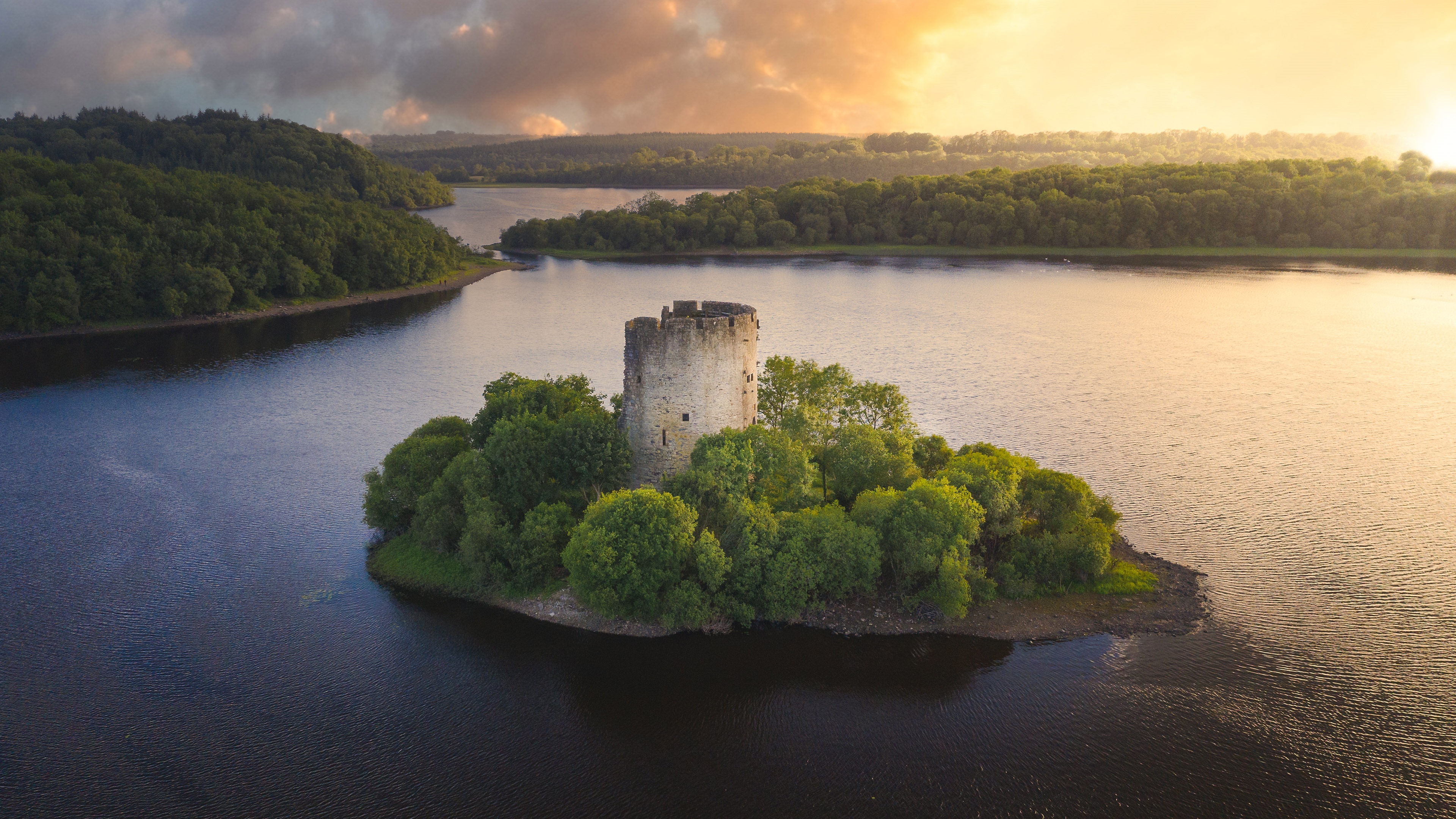 4K Cloughoughter Castle on an island in a lake at sunset HD Wallpaper