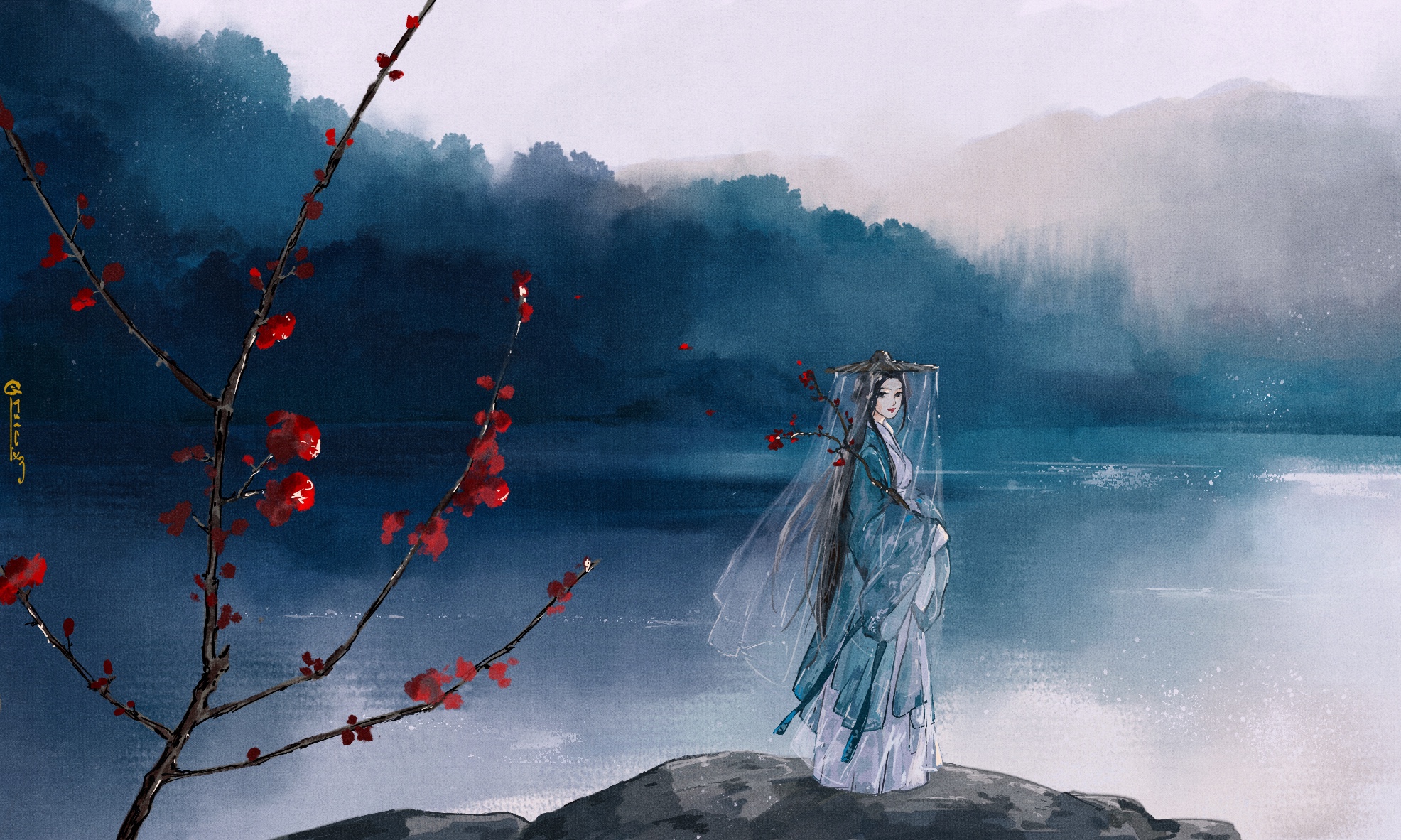 Girl in traditional Chinese attire by a lake HD Wallpaper
