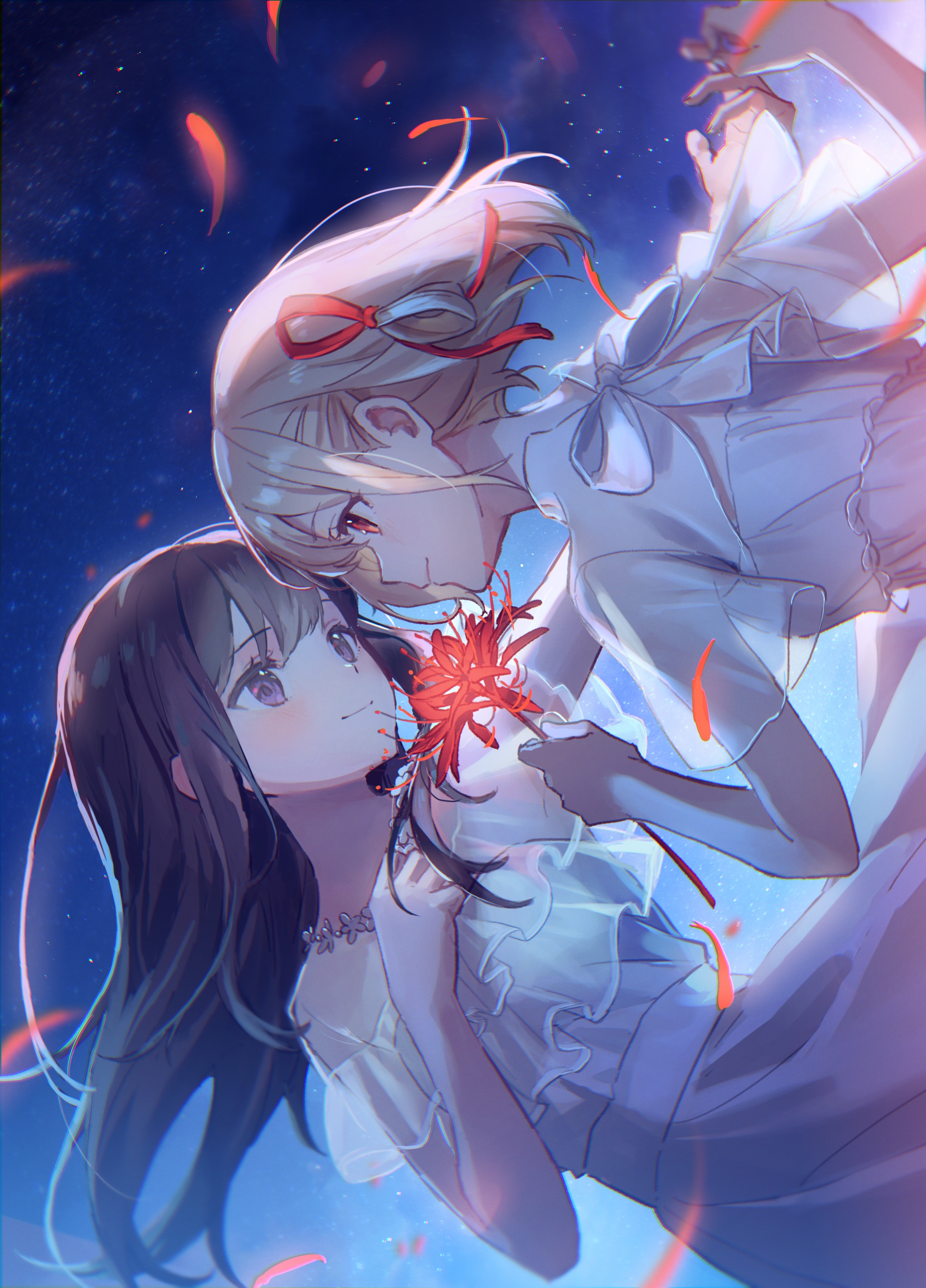 Lycoris Recoil fan art of two women with a flower HD Phone Wallpaper
