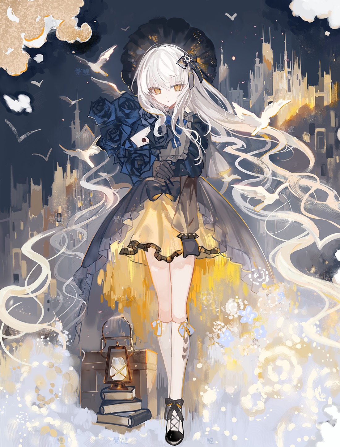Anime girl with white hair and yellow eyes holding blue roses HD Phone Wallpaper