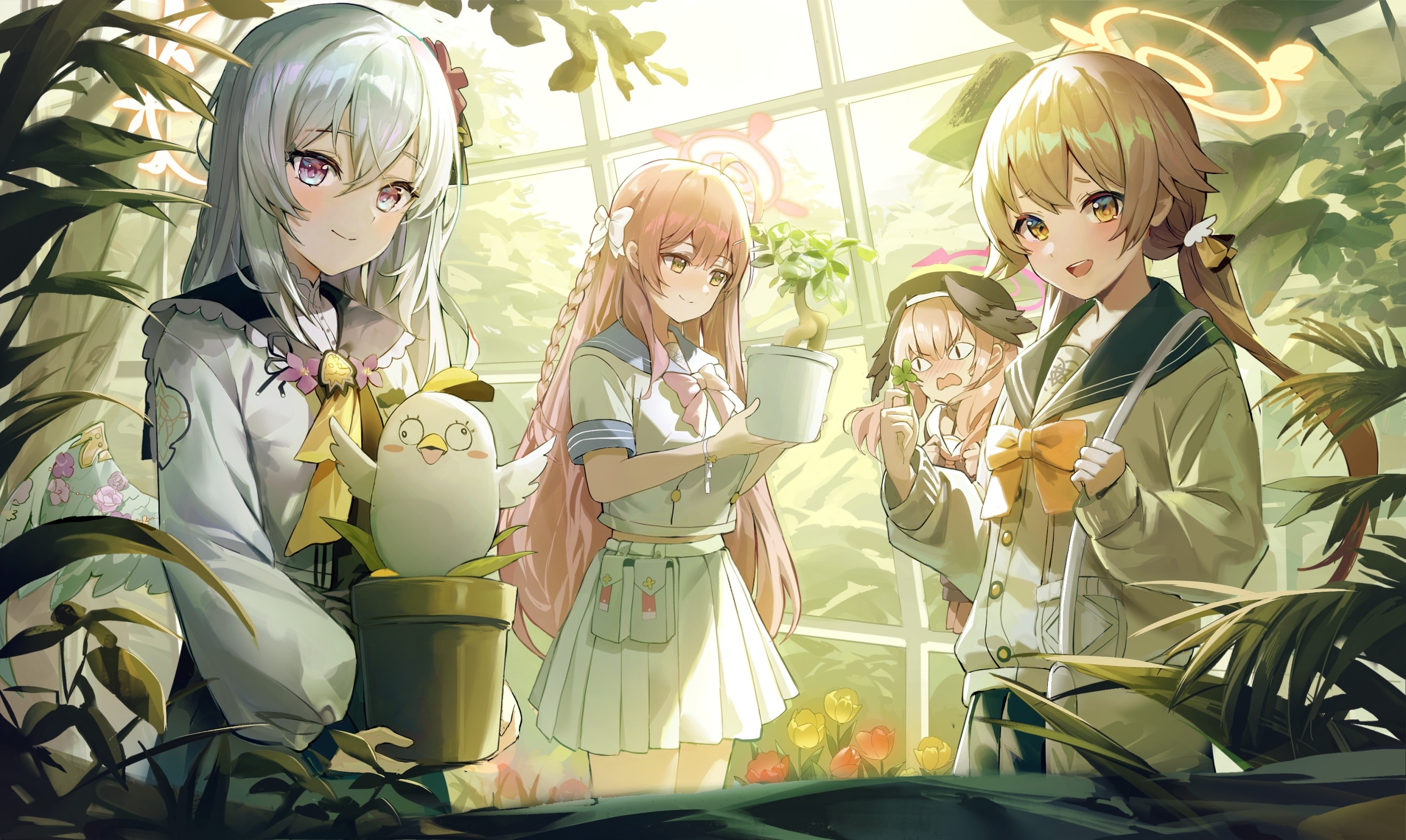 Blue Archive girls tending to plants in a greenhouse HD Wallpaper