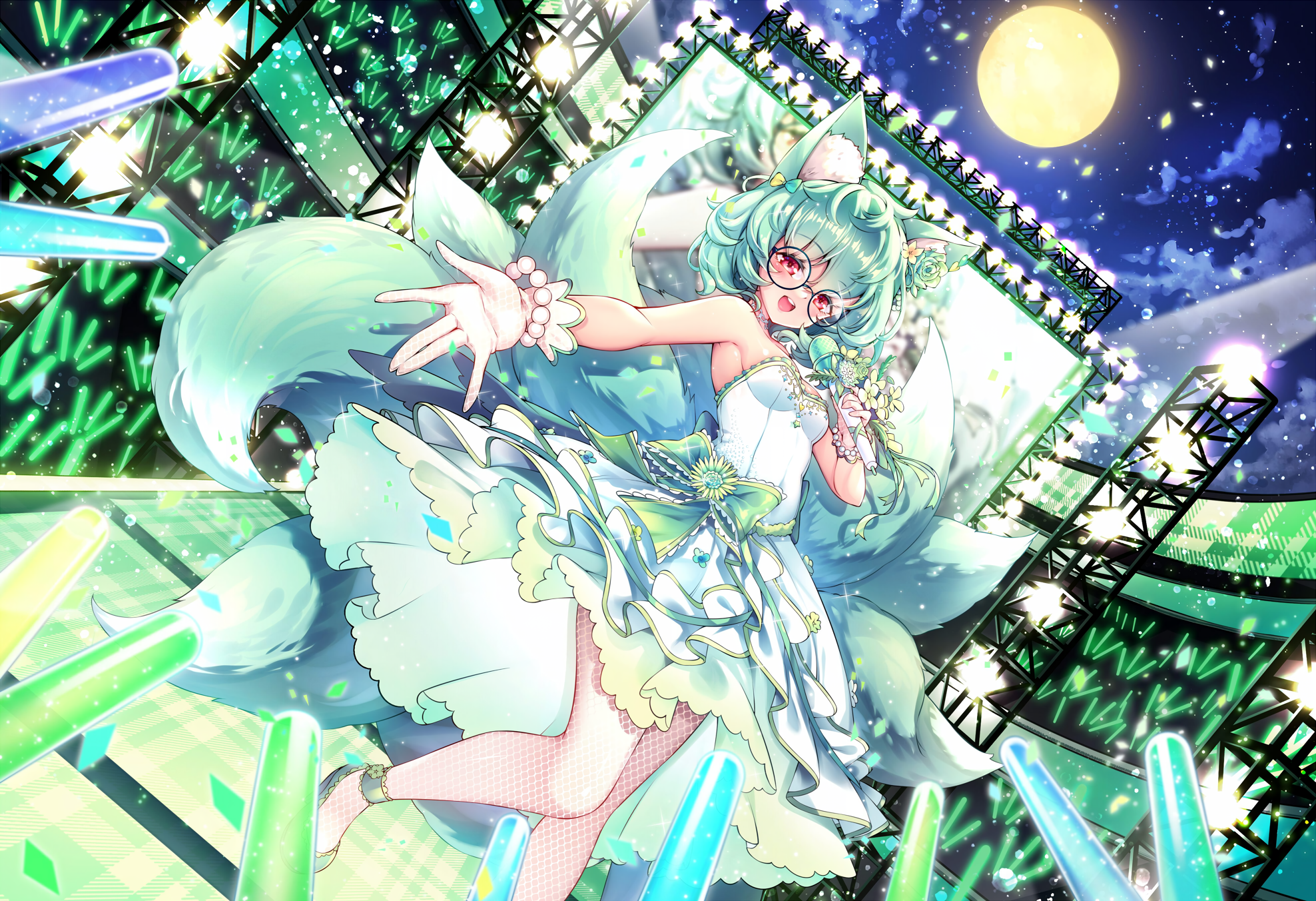 Fox girl singing on stage with moon in the background HD Wallpaper
