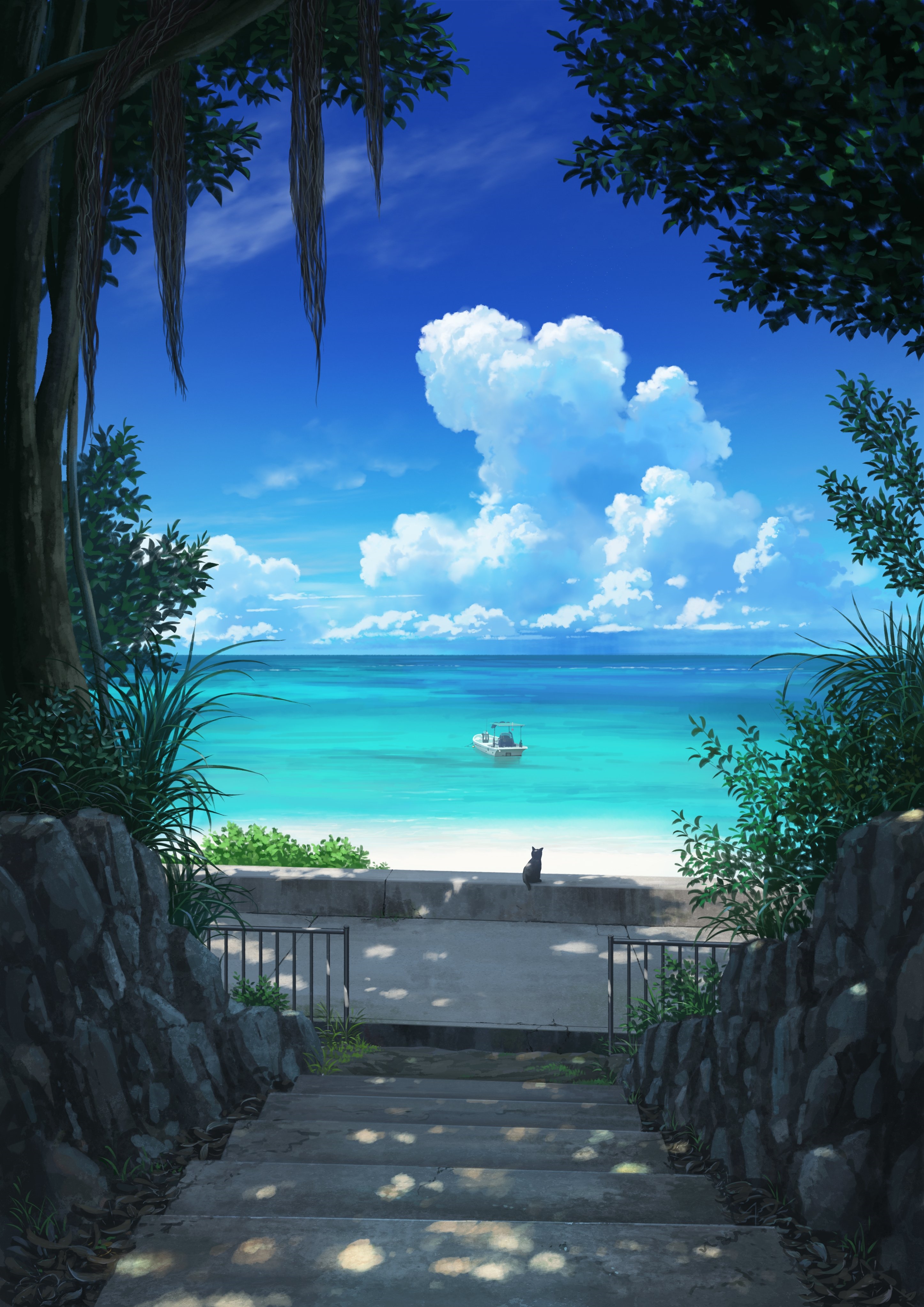 Black cat on a beach with a boat in the sea HD Phone Wallpaper