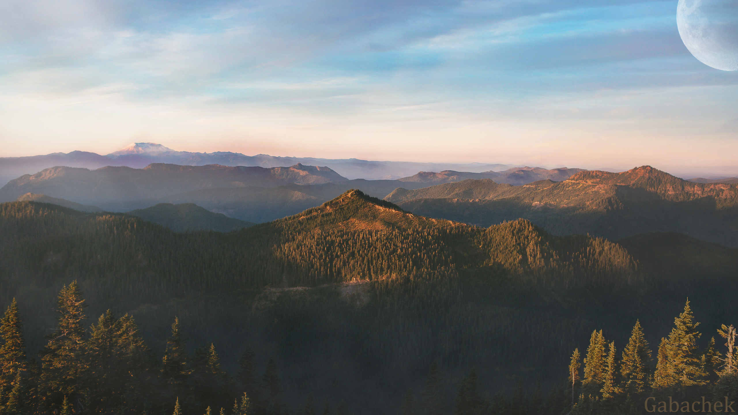 Misty Mountains and Moon at Sunset HD Wallpaper