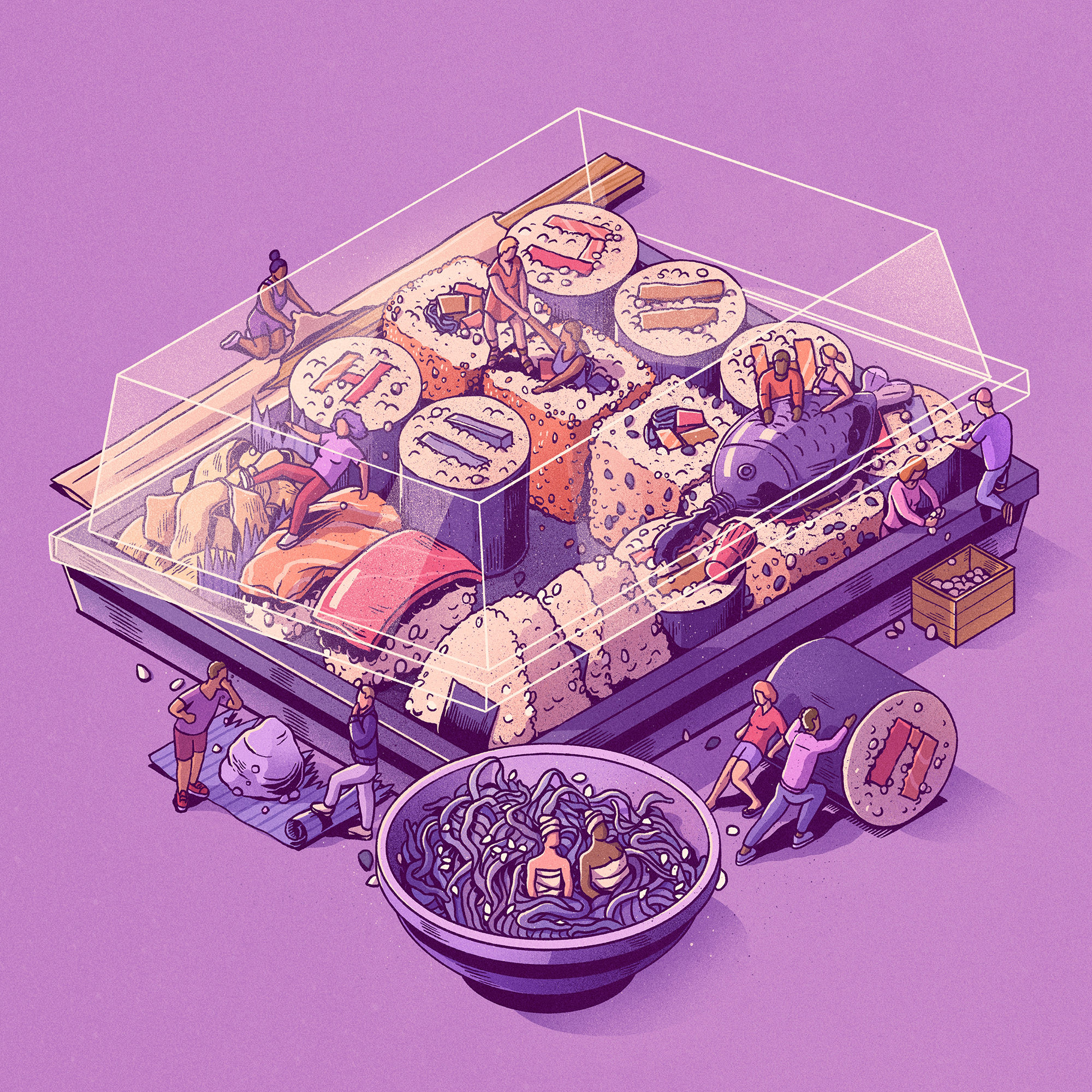 Tiny people interacting with a large sushi bento box HD Wallpaper