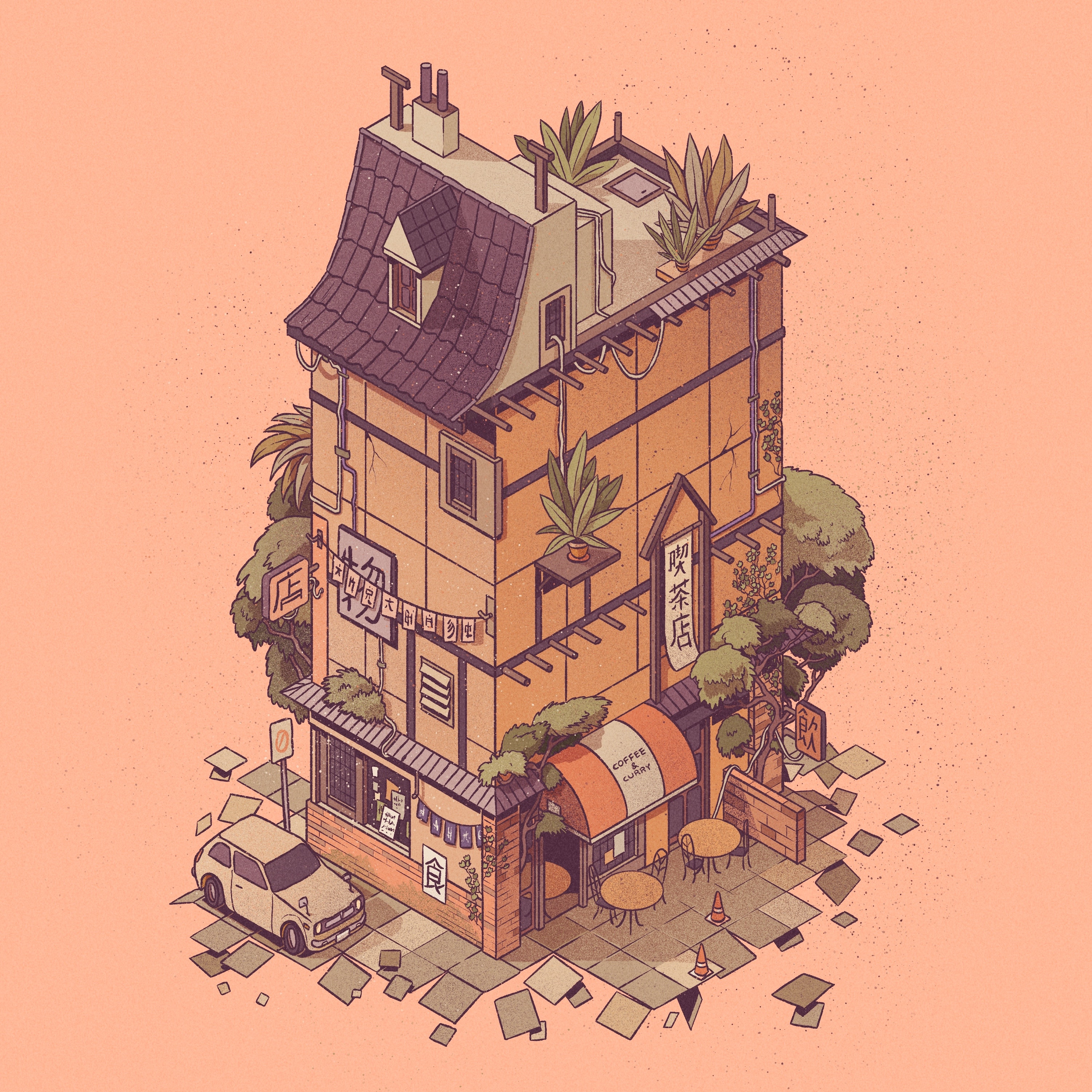 Isometric building with coffee shop and car HD Wallpaper