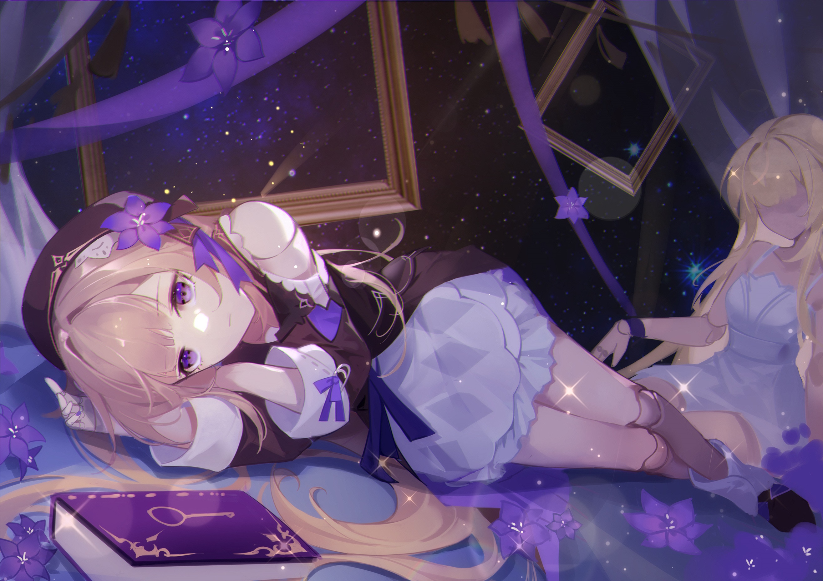 Girl with blonde hair and purple eyes lying down HD Wallpaper