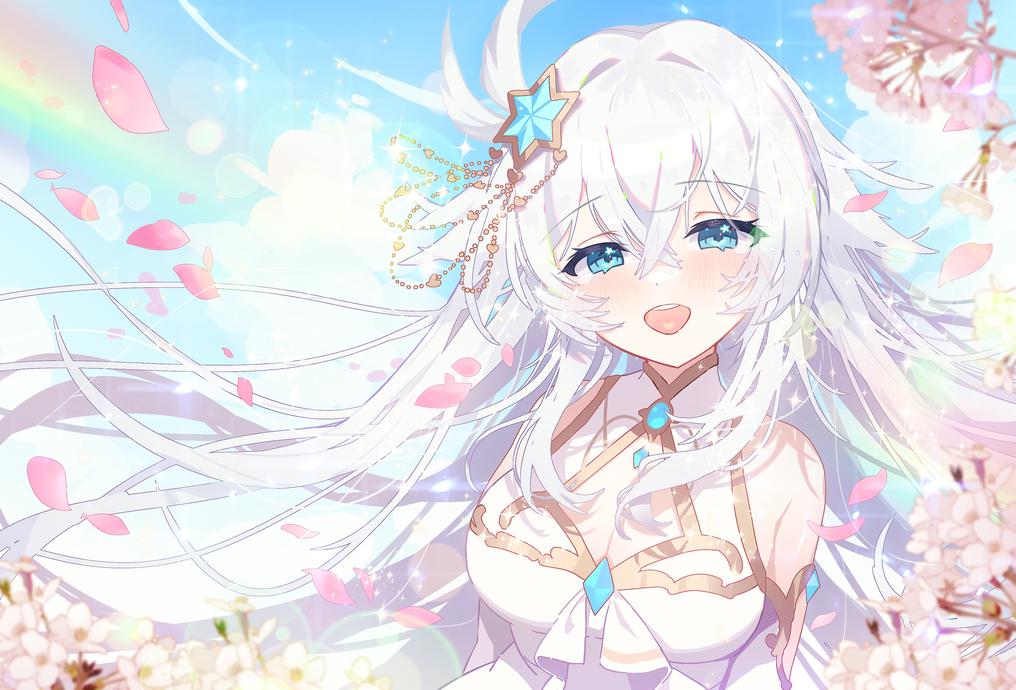 Anime girl with white hair and blue eyes smiling HD Wallpaper