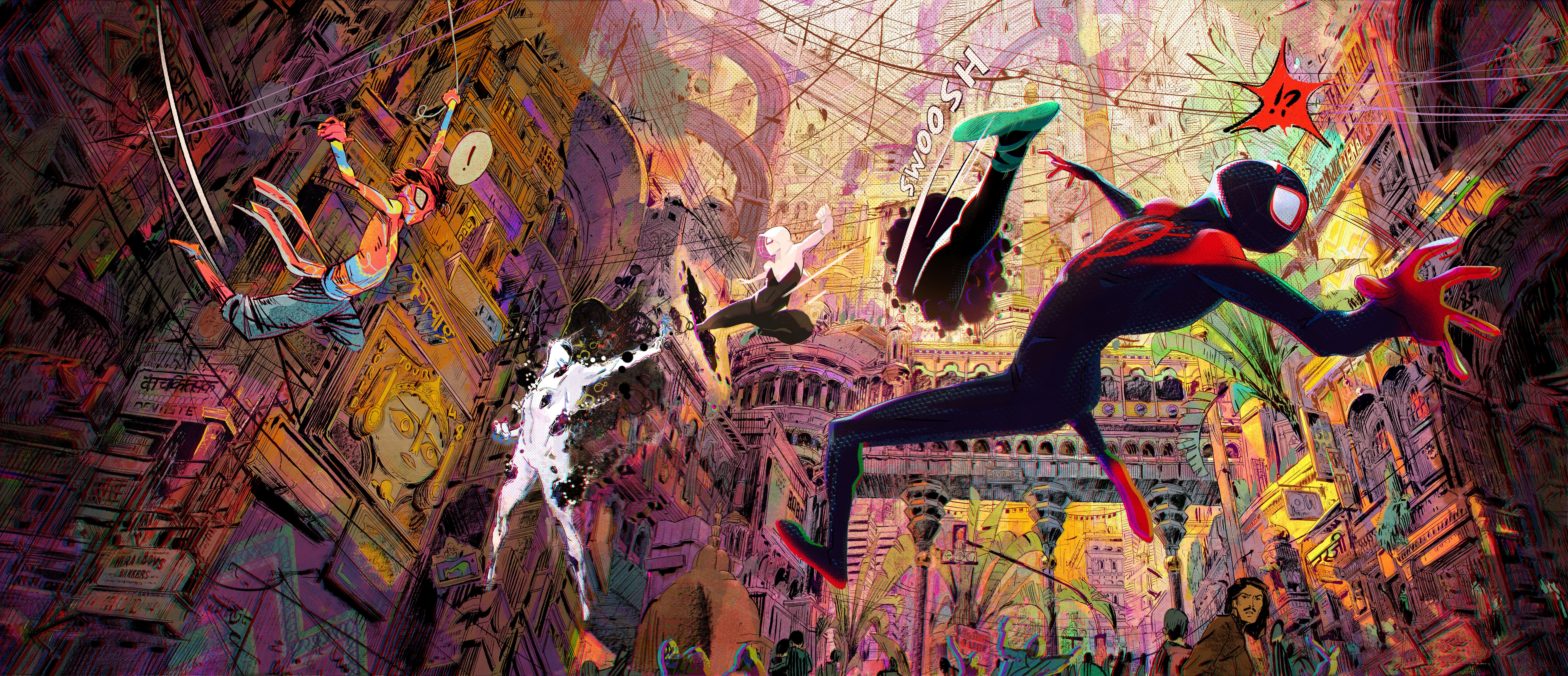 Spider-Verse Characters Swinging Through a Colorful City HD Wallpaper