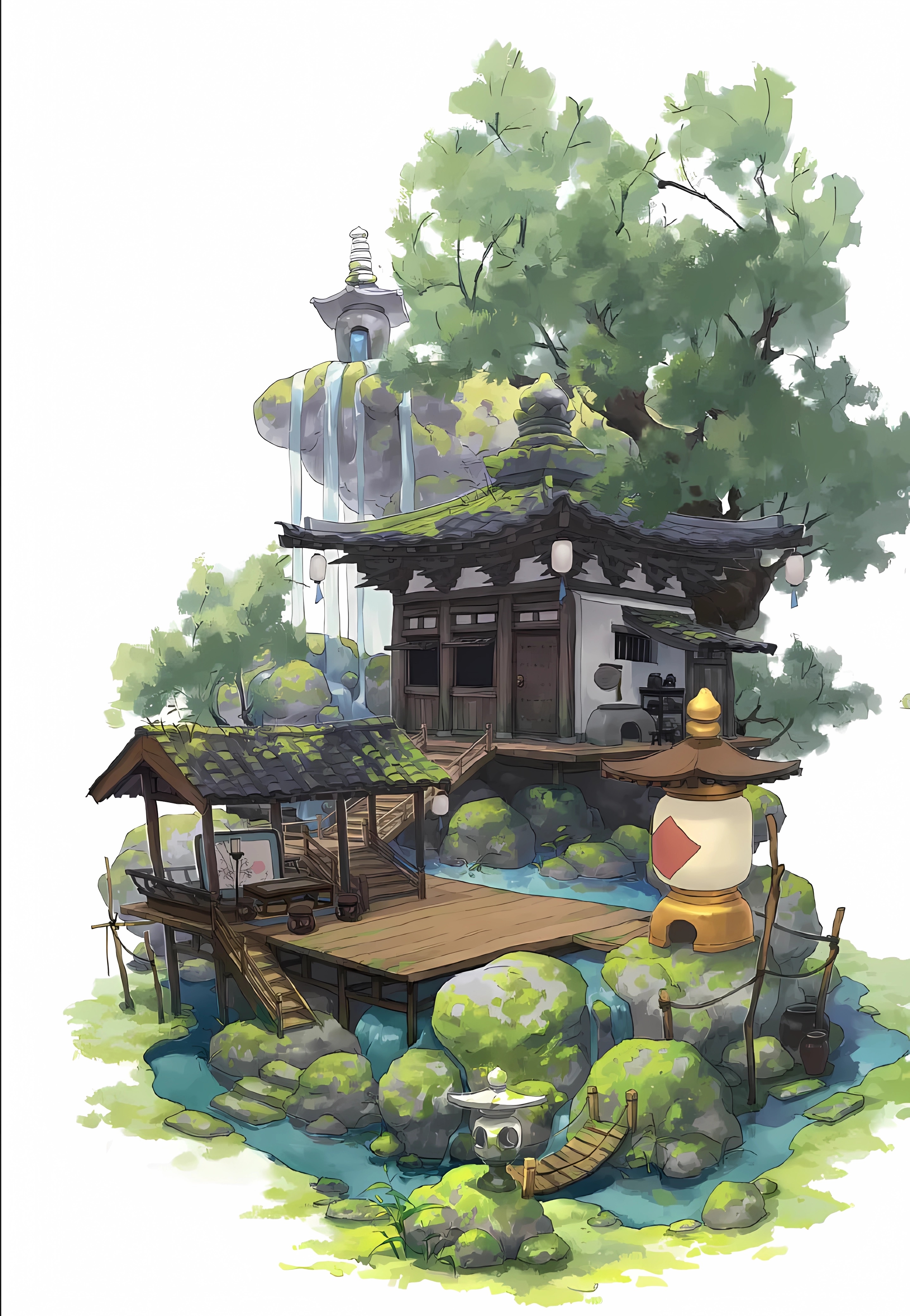 Japanese temple with waterfall and lush greenery HD Phone Wallpaper