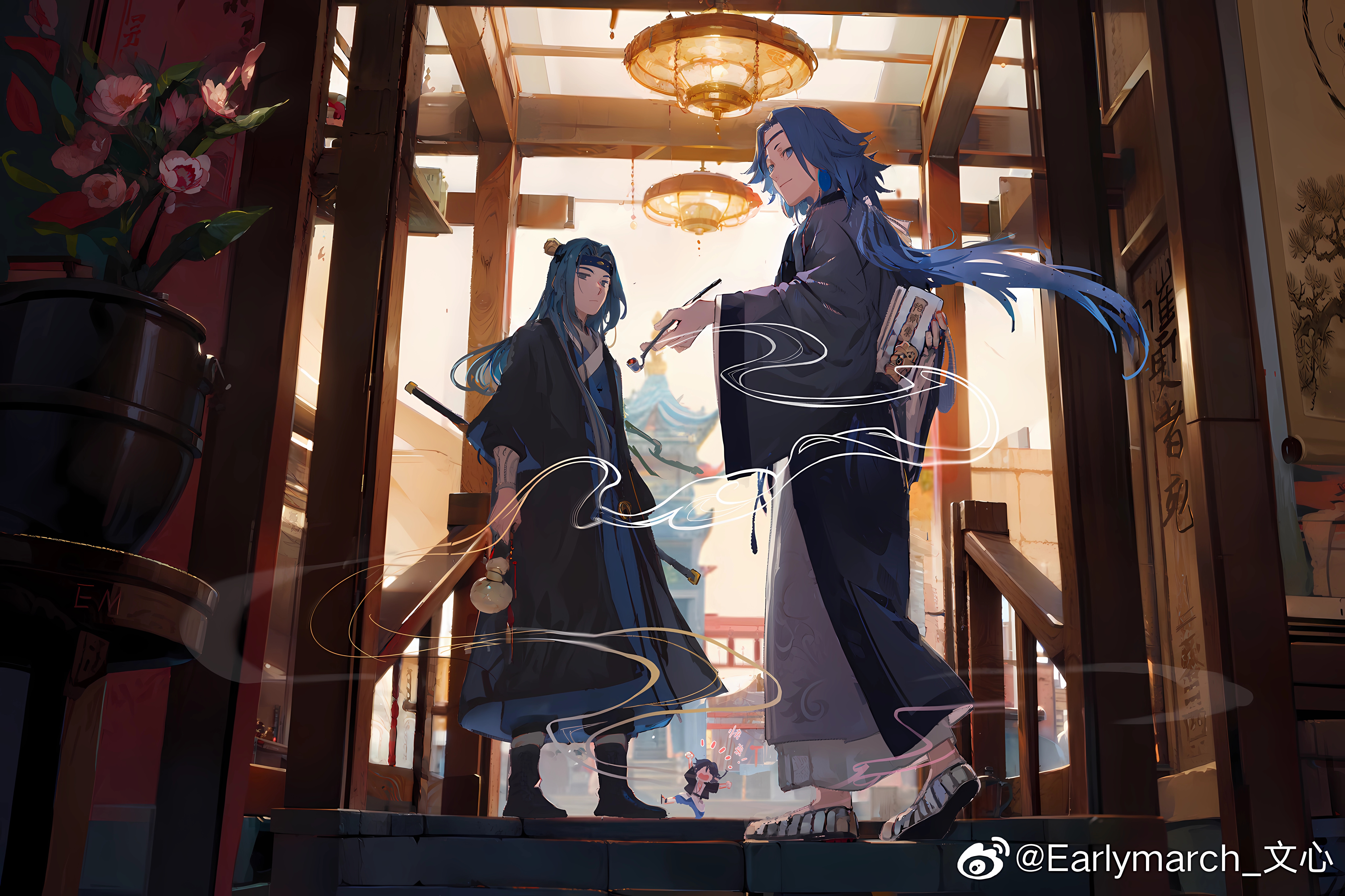 Anime boys with pipes in traditional Japanese setting HD Wallpaper