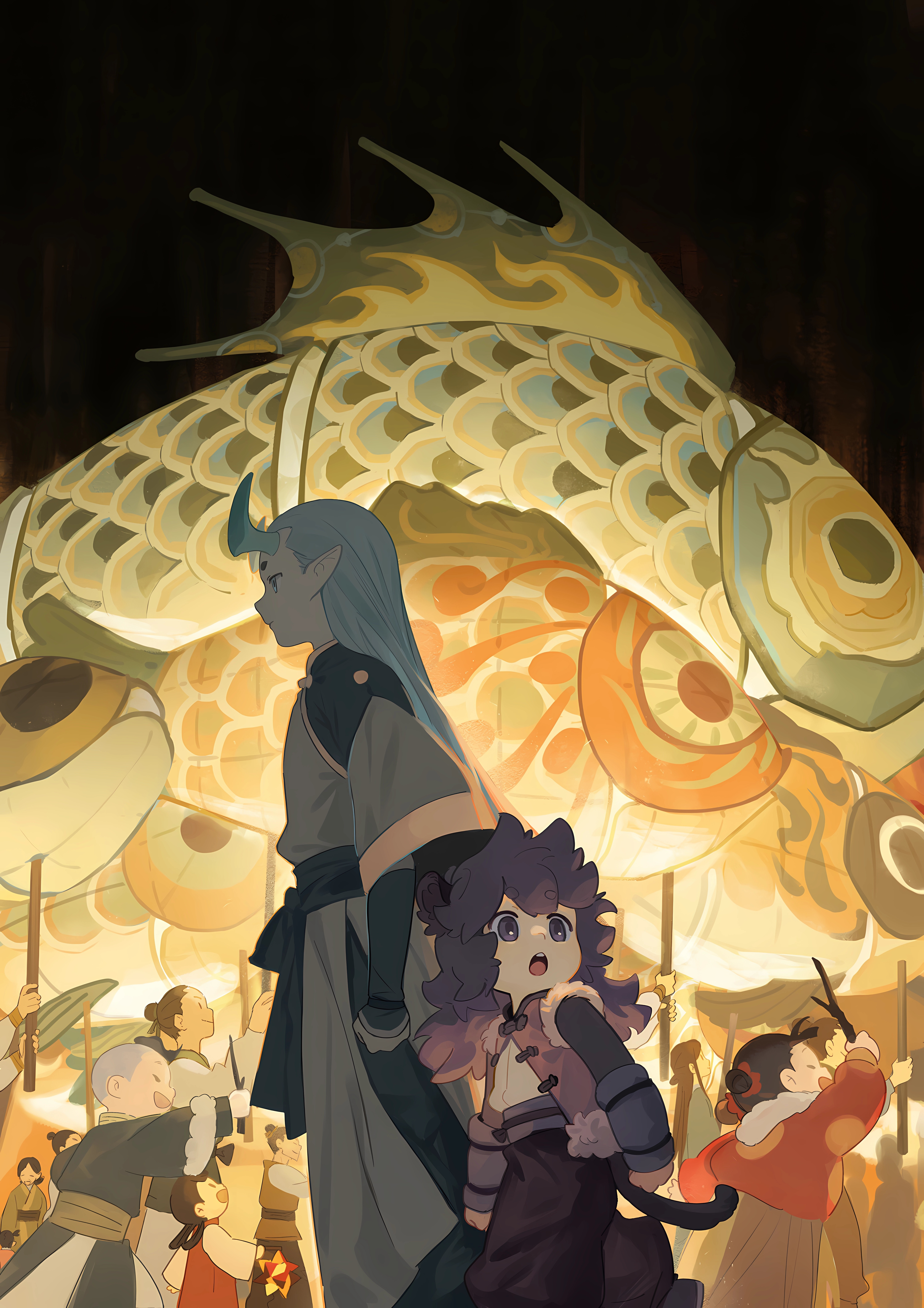 Luo Xiaohei and friends at a parade with a large fish lantern HD Phone Wallpaper