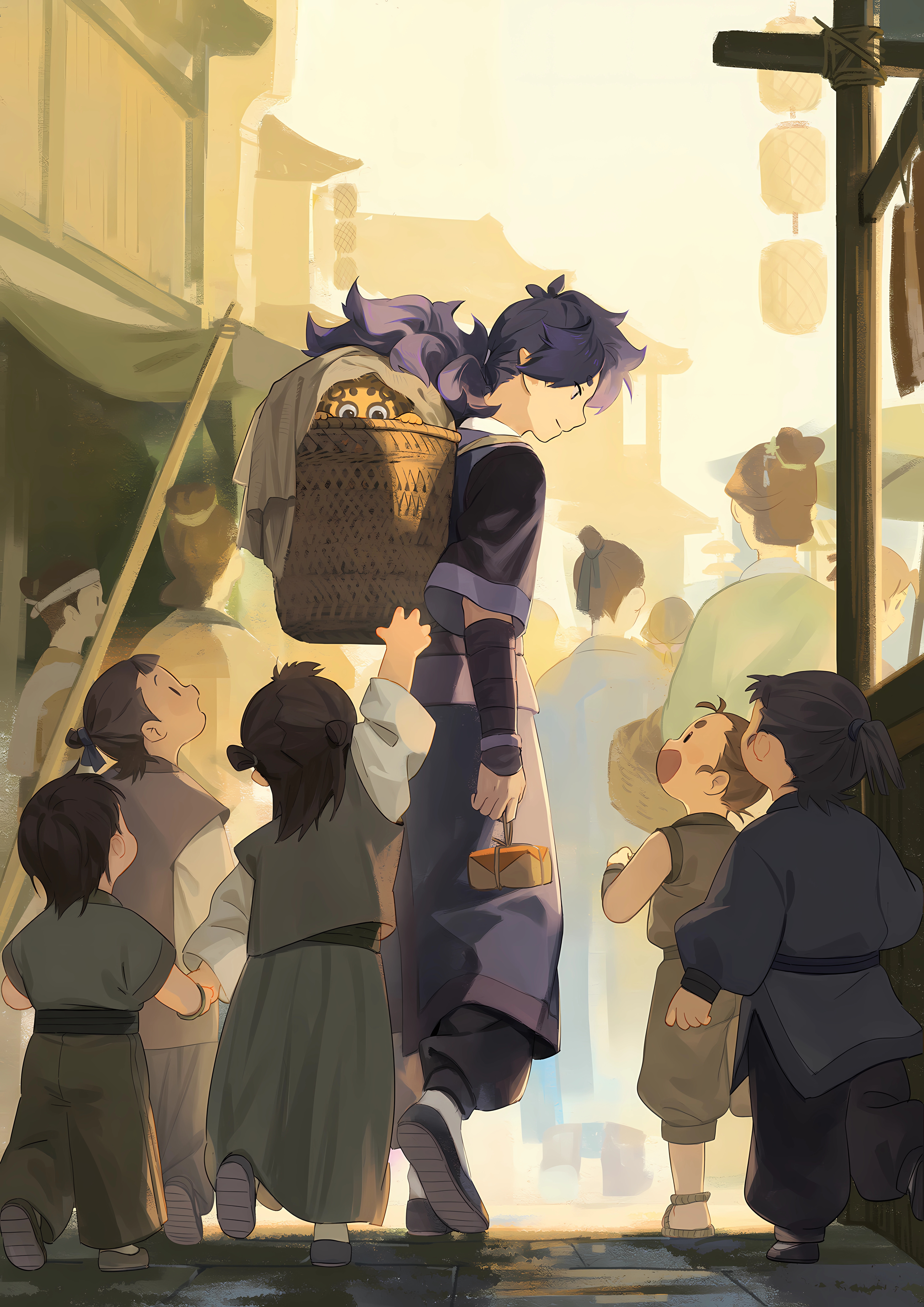 Anime boy with basket and children in market HD Phone Wallpaper