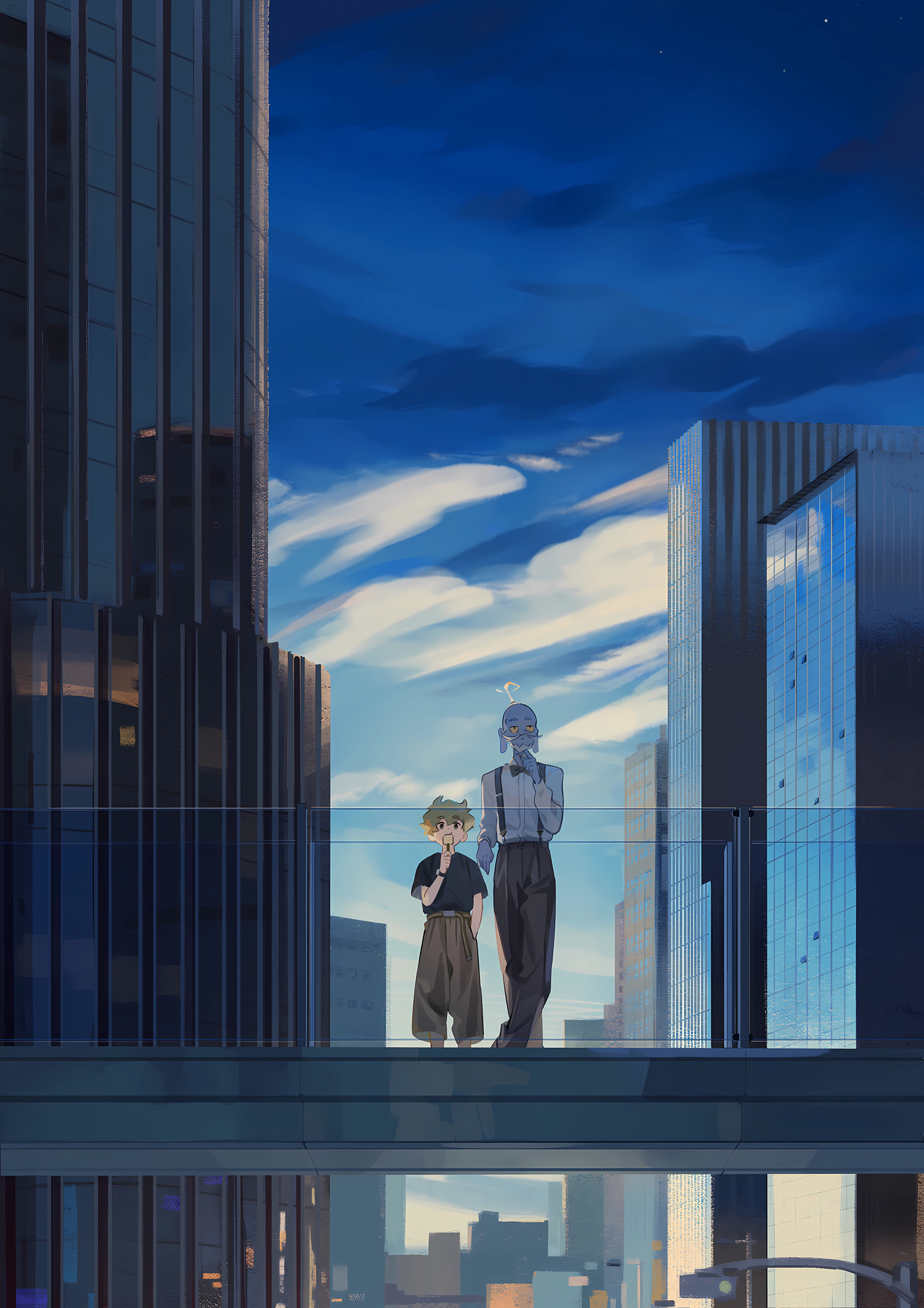Anime boys standing on a sky bridge with buildings HD Phone Wallpaper