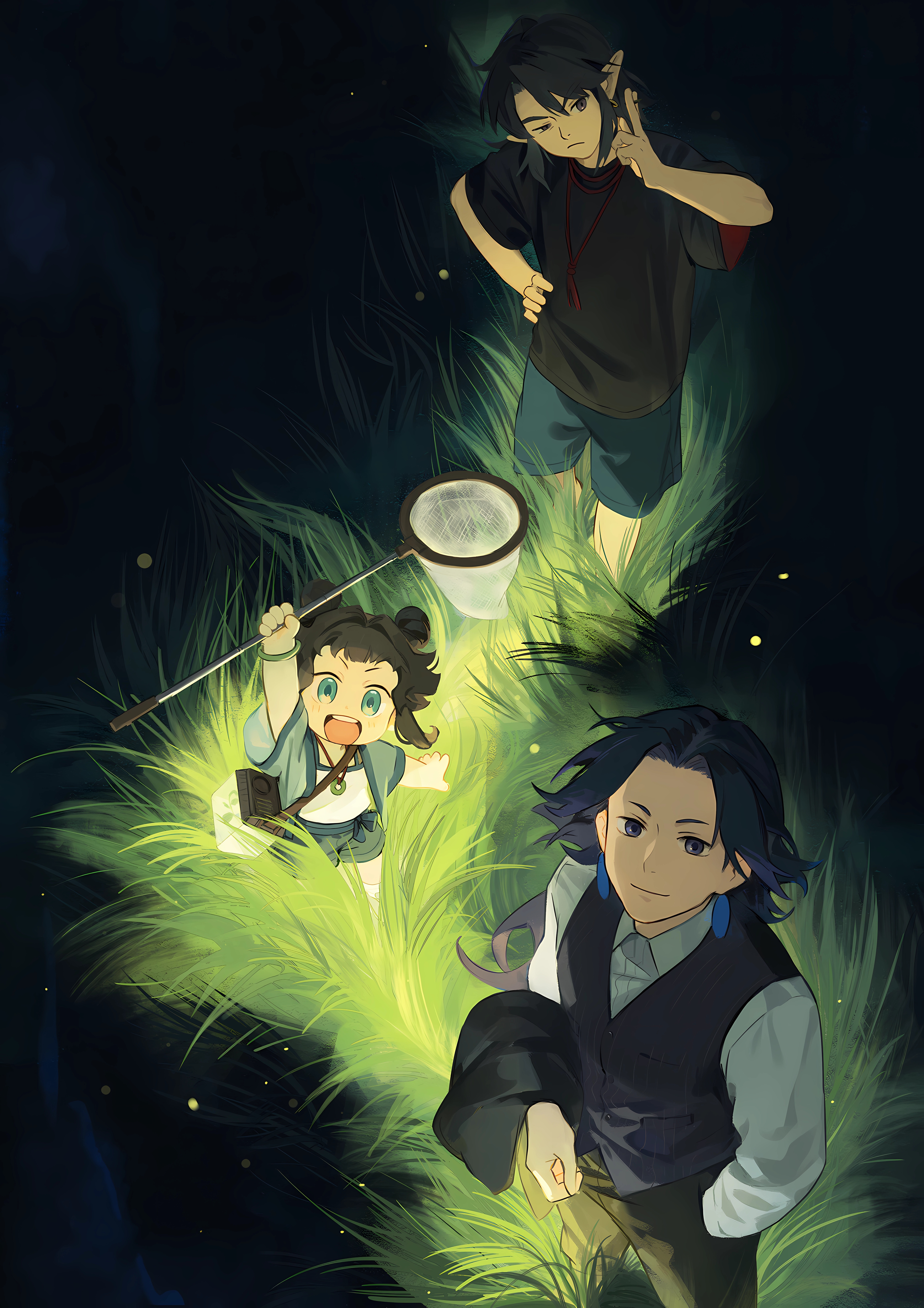 Anime boys with pointy ears in grass at night HD Phone Wallpaper