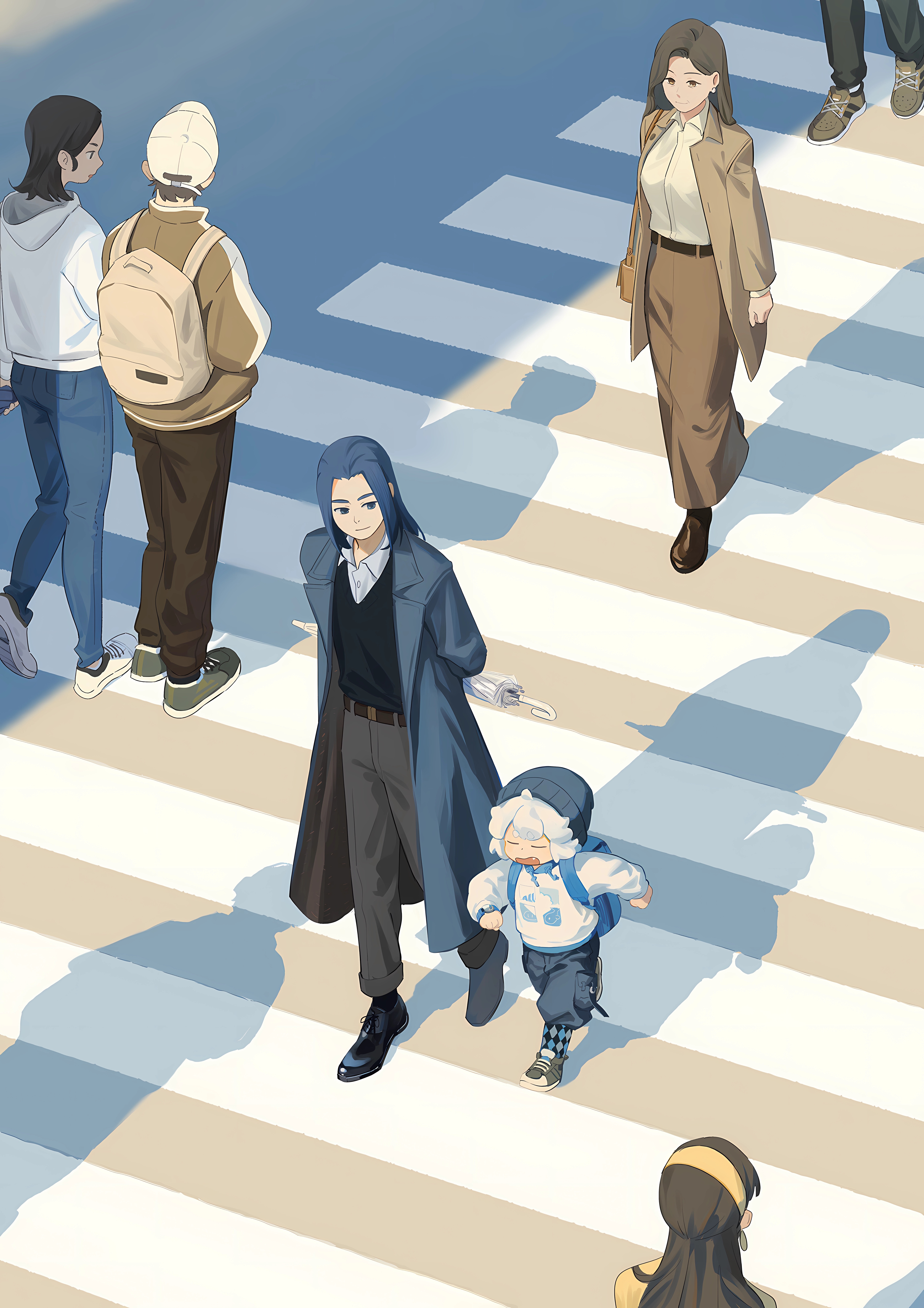 Anime characters crossing a pedestrian bridge HD Phone Wallpaper