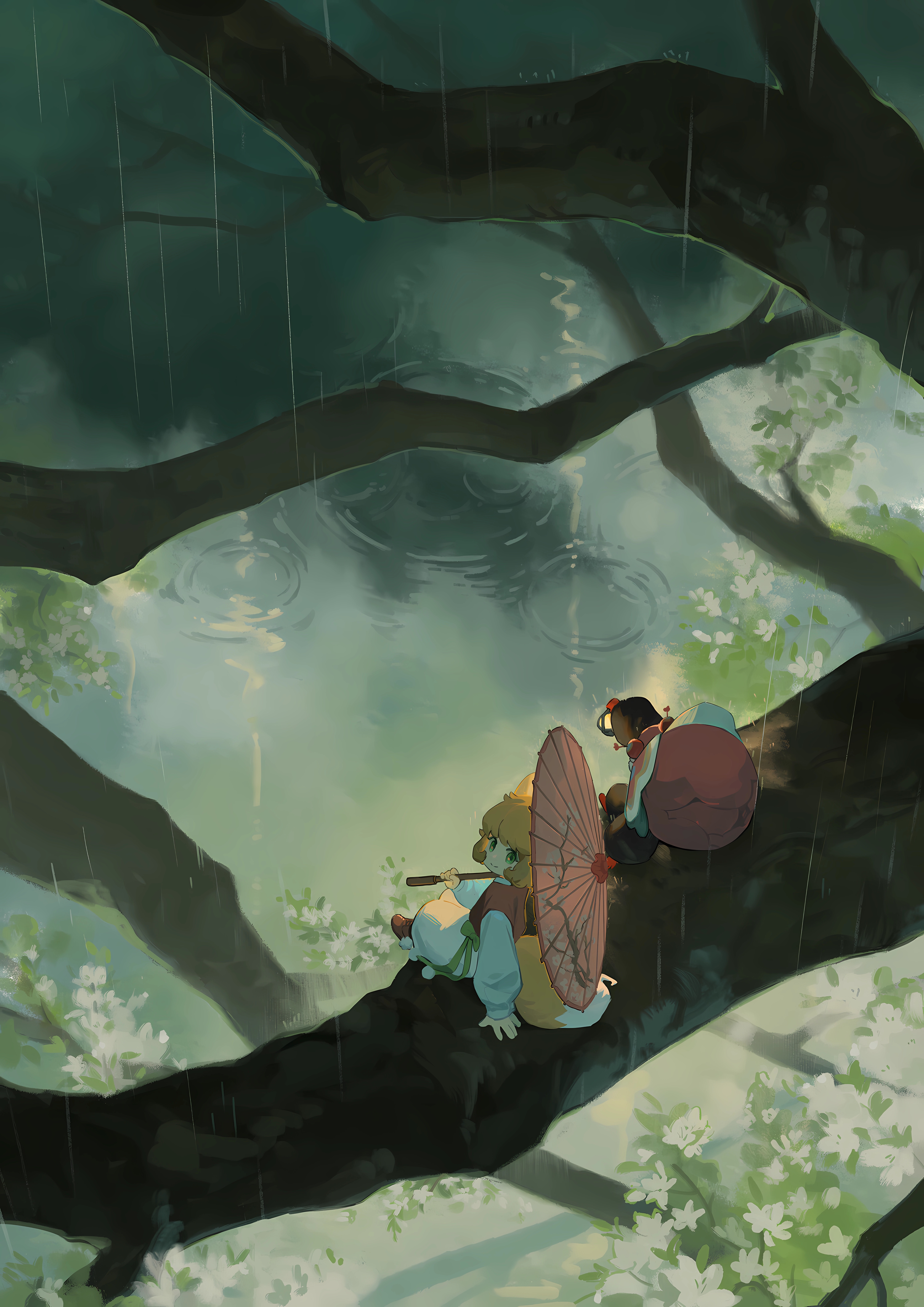 Dong Fang Project: Two figures on a branch in the rain HD Phone Wallpaper