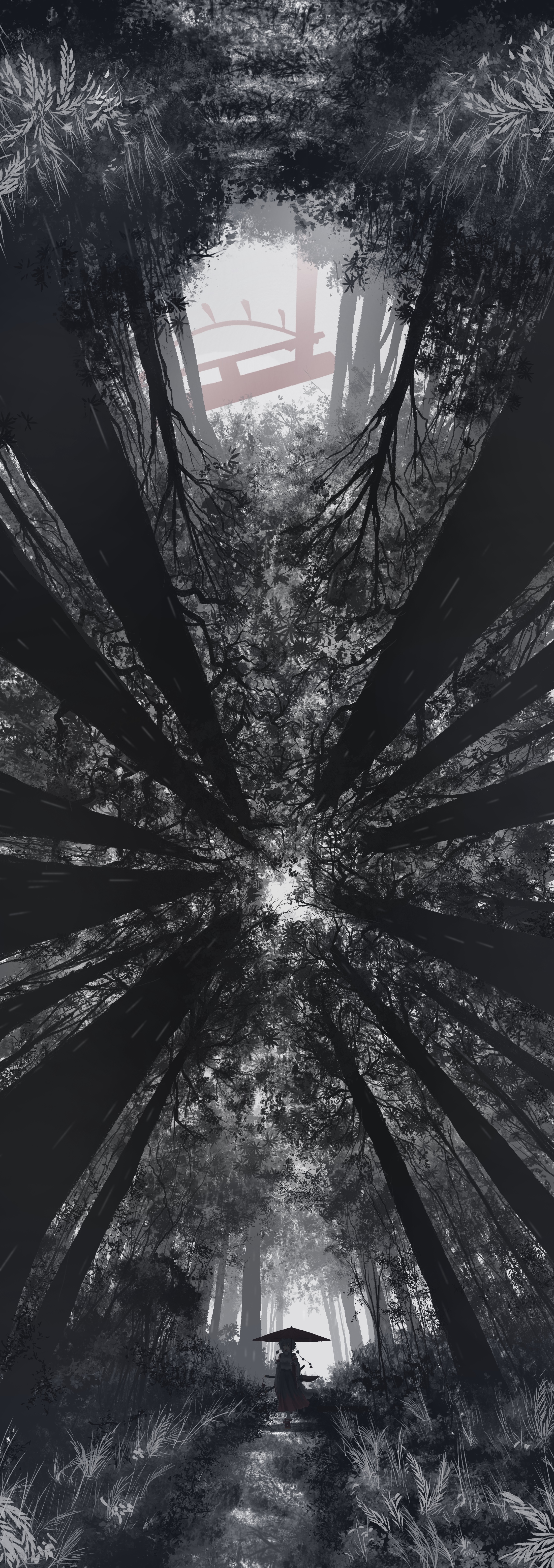 Inubashiri Momiji in a dark forest with a torii gate HD Phone Wallpaper