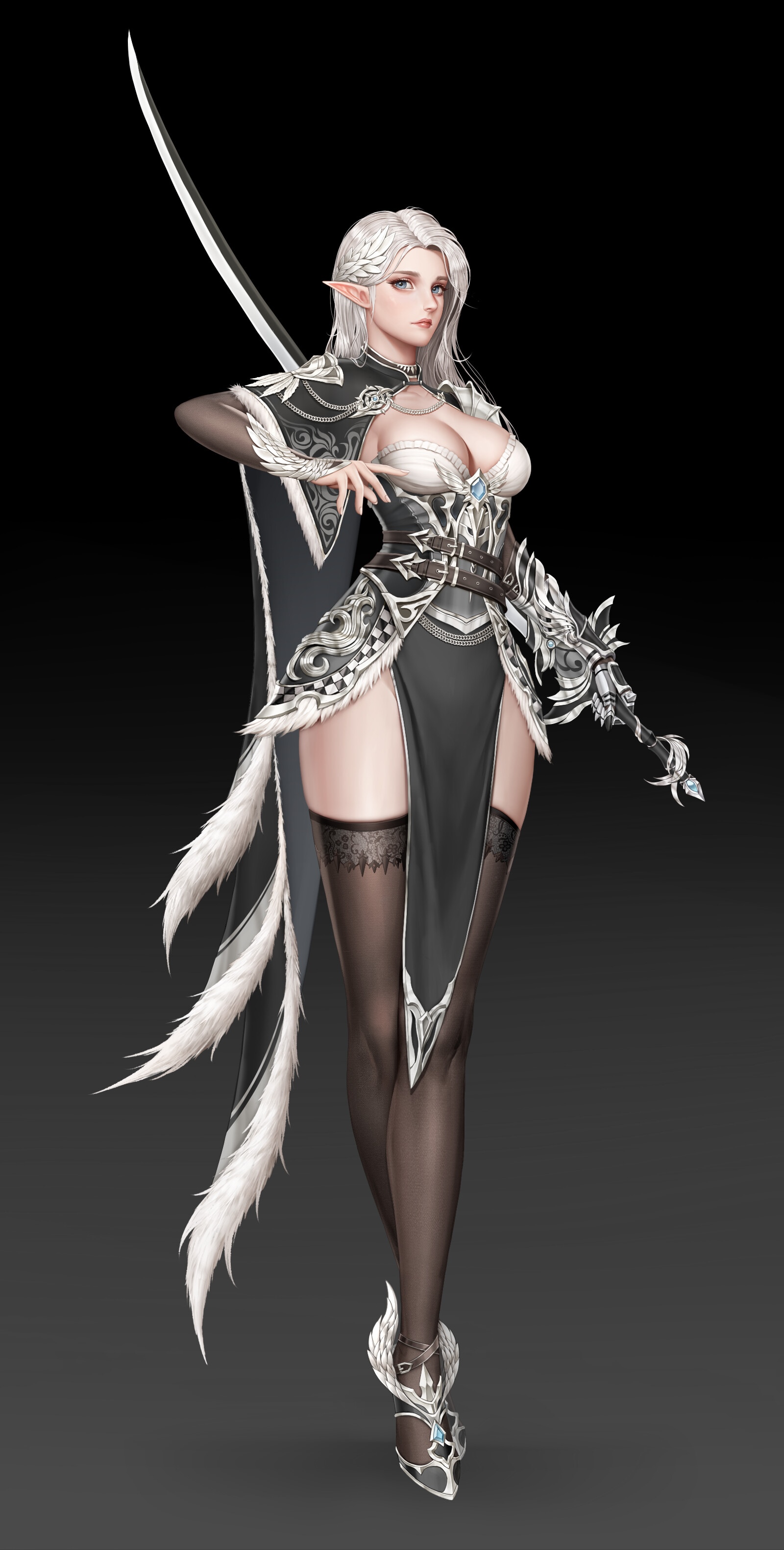 Elf woman with sword and white hair HD Phone Wallpaper