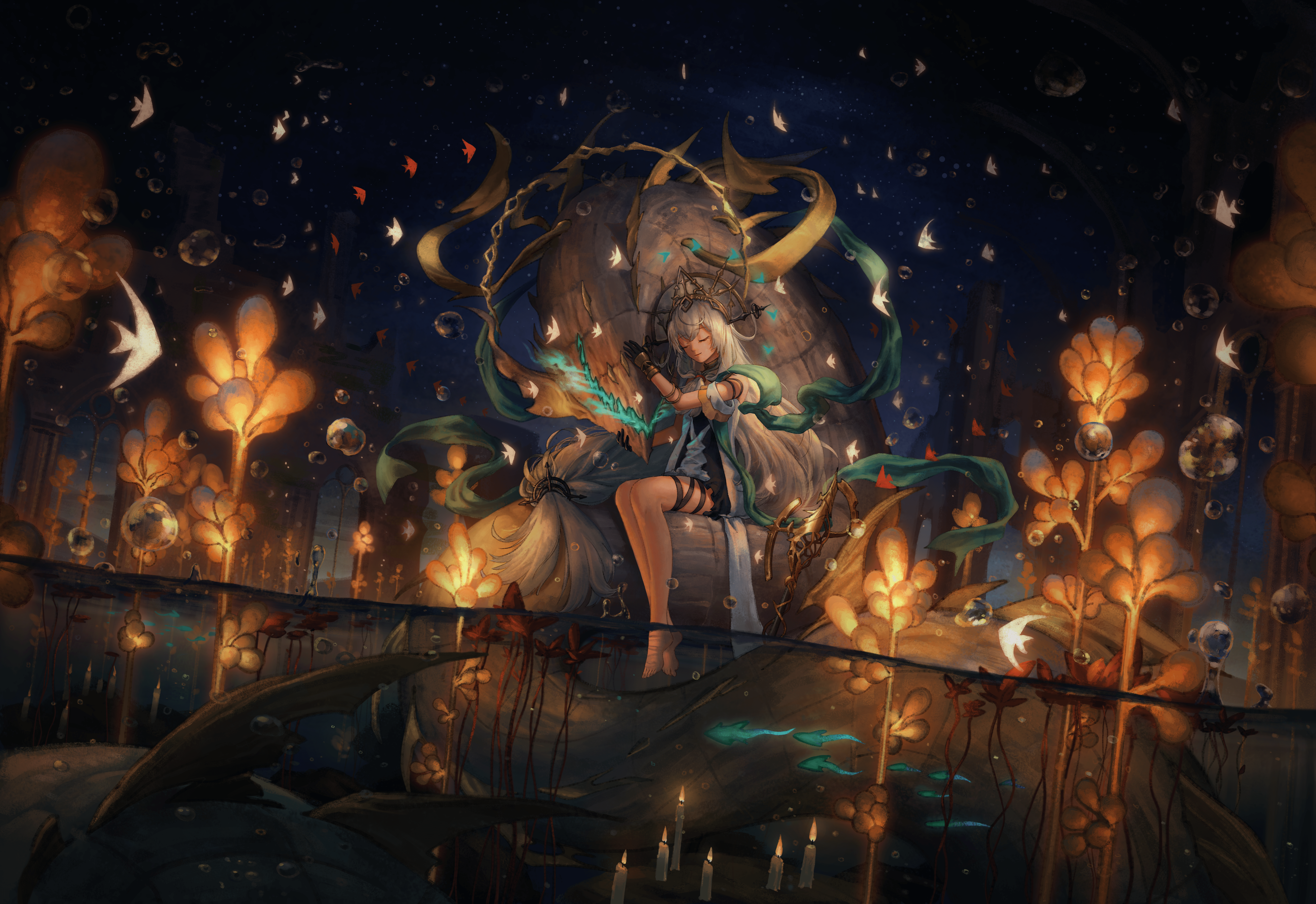 4K Arknights Skadi sitting with glowing plants HD Wallpaper