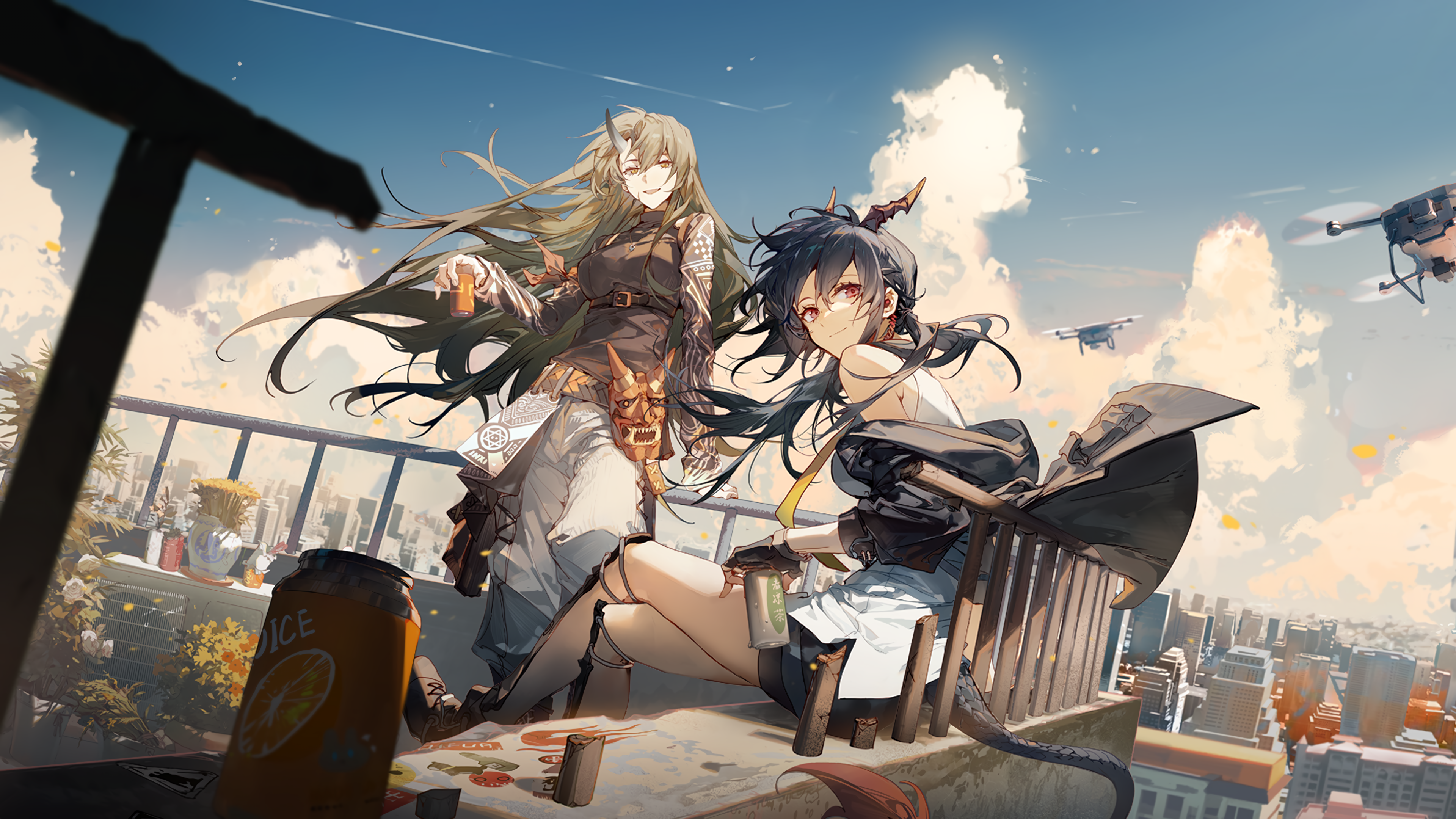 4K Hoshiguma and Chen on a rooftop with drones HD Wallpaper