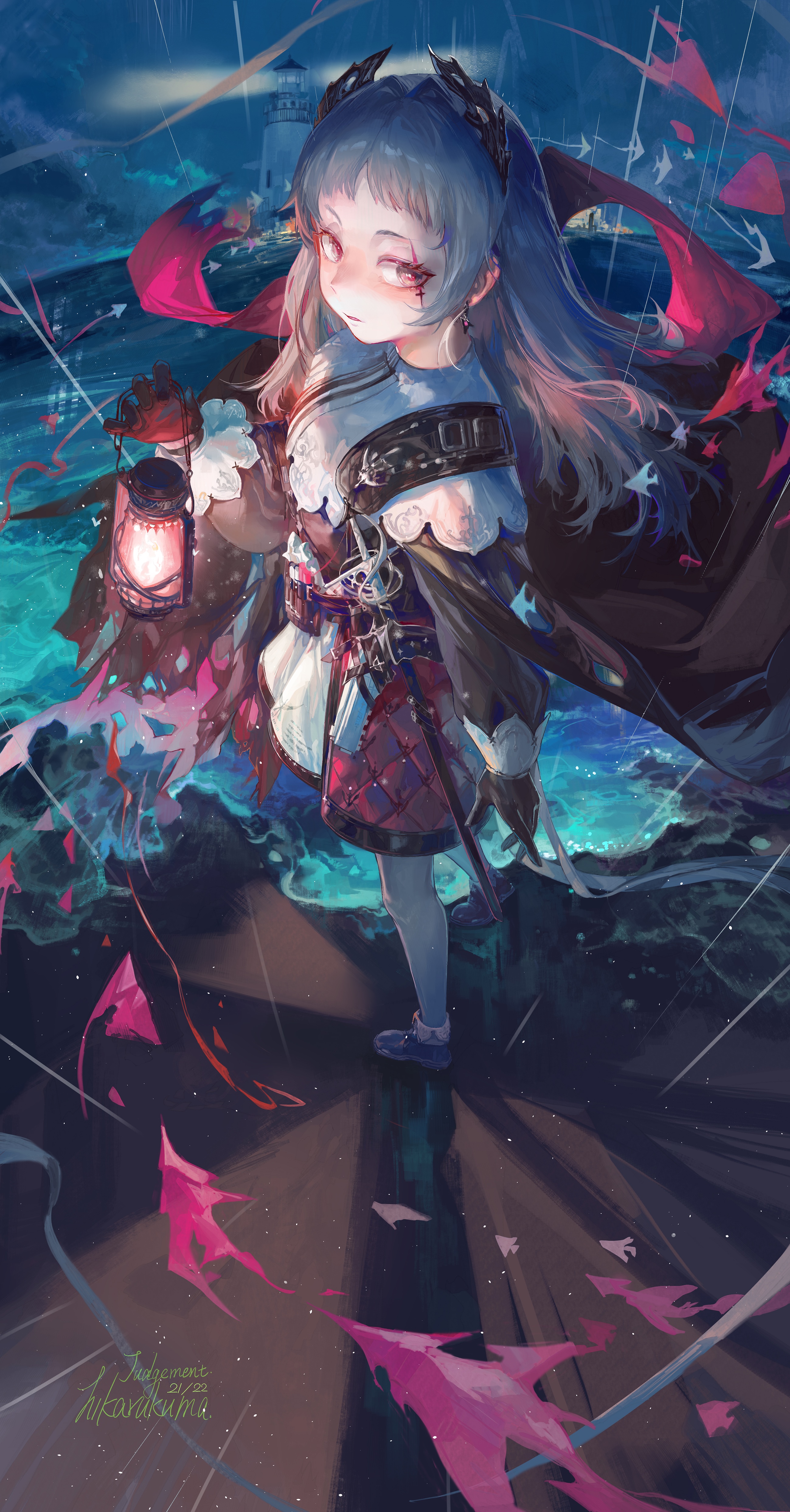 Irene holding a lantern in the rain with a lighthouse HD Phone Wallpaper