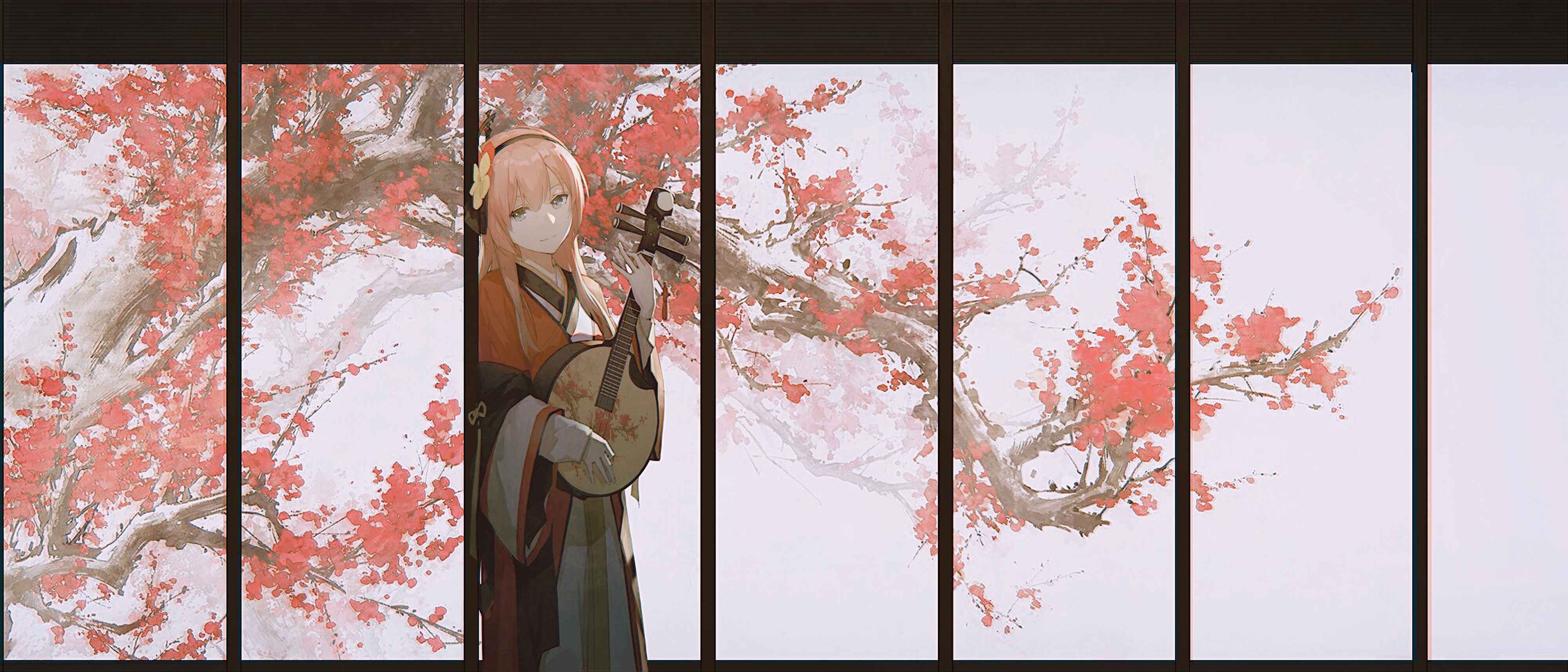 Girl with pink hair playing a musical instrument HD Wallpaper