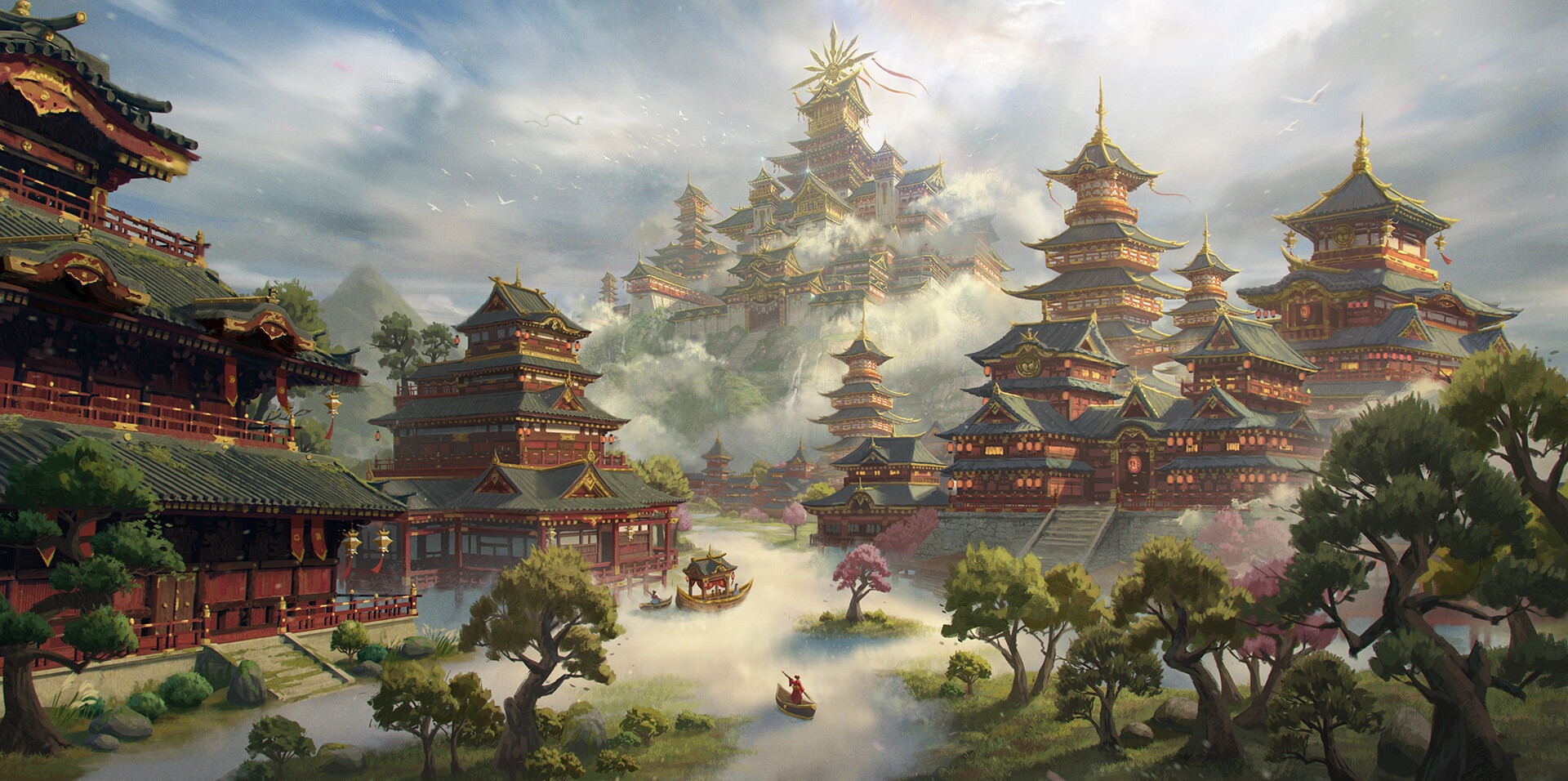Fantasy Asian architecture with boats and trees HD Wallpaper