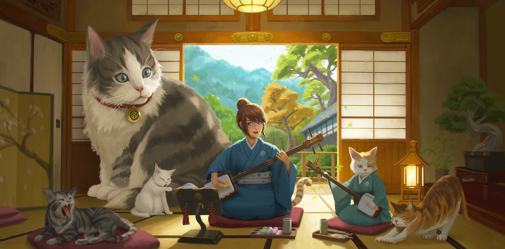 Cats and a woman playing music in a Japanese room HD Wallpaper