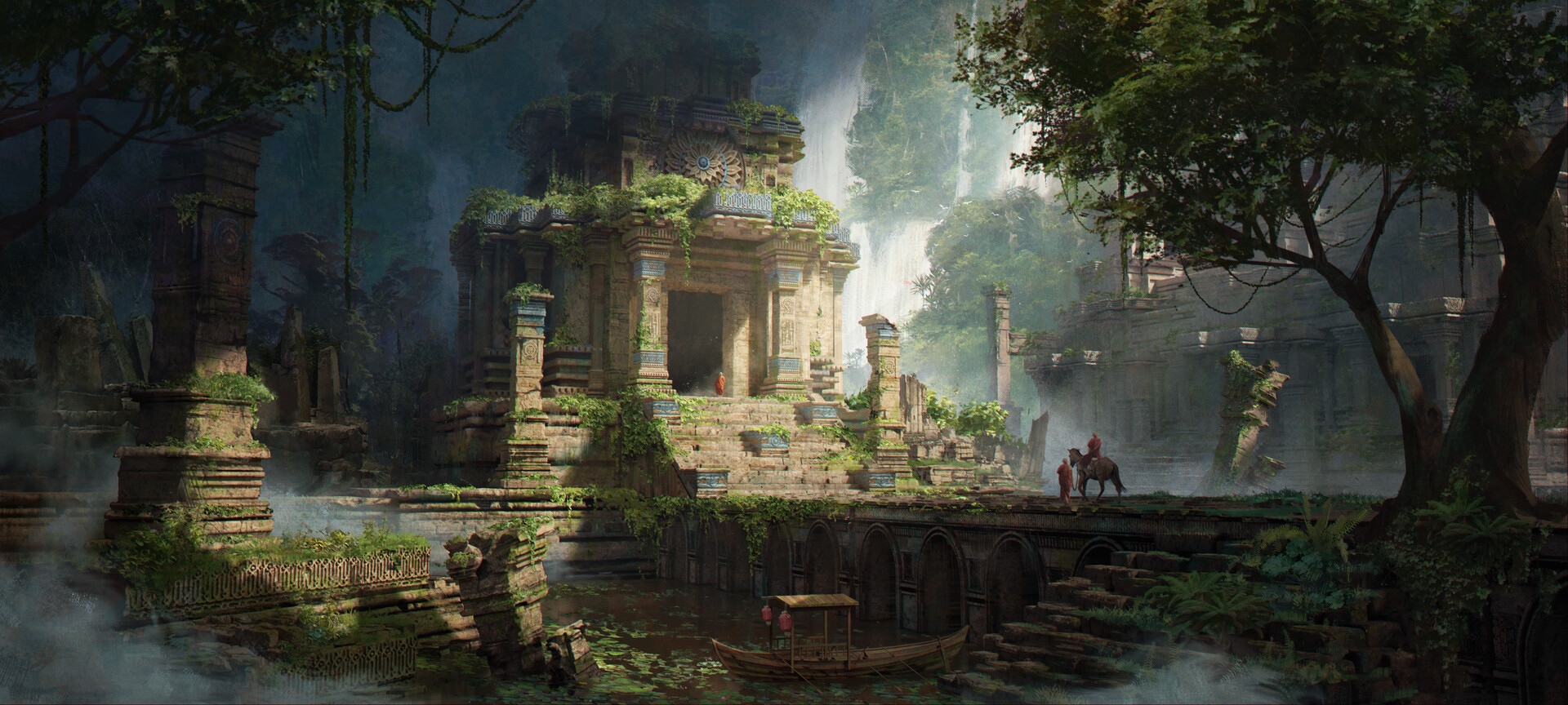 Ancient temple ruins with a boat and horse HD Wallpaper