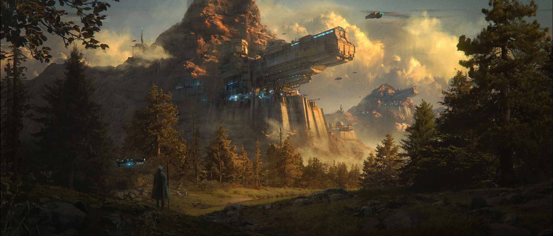 Sci-fi structures built into mountains with flying vehicles HD Wallpaper