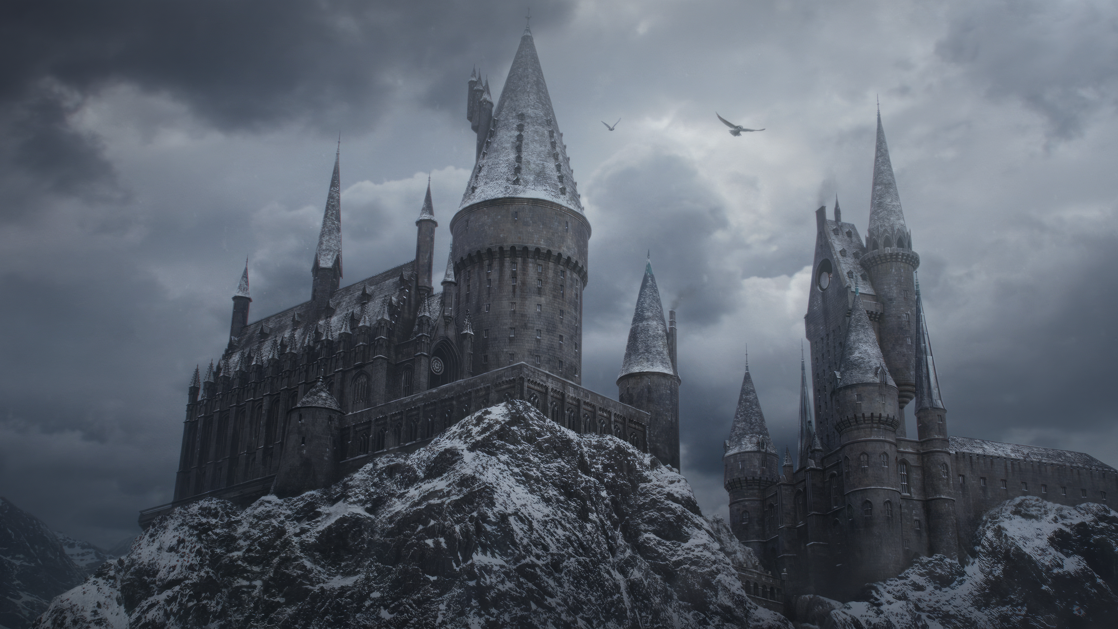 4K Hogwarts castle in winter with birds HD Wallpaper