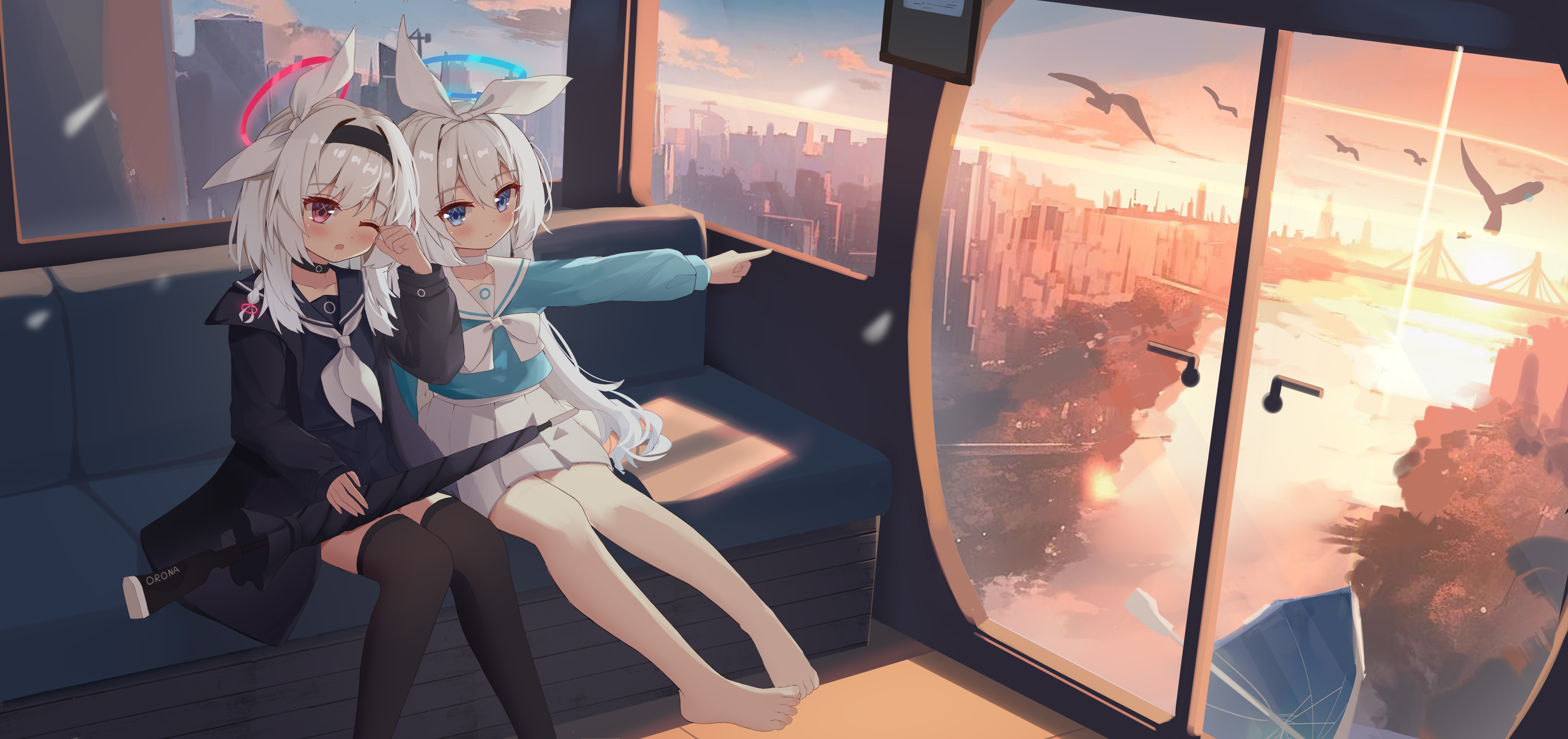 Blue Archive girls on a train at sunset HD Wallpaper