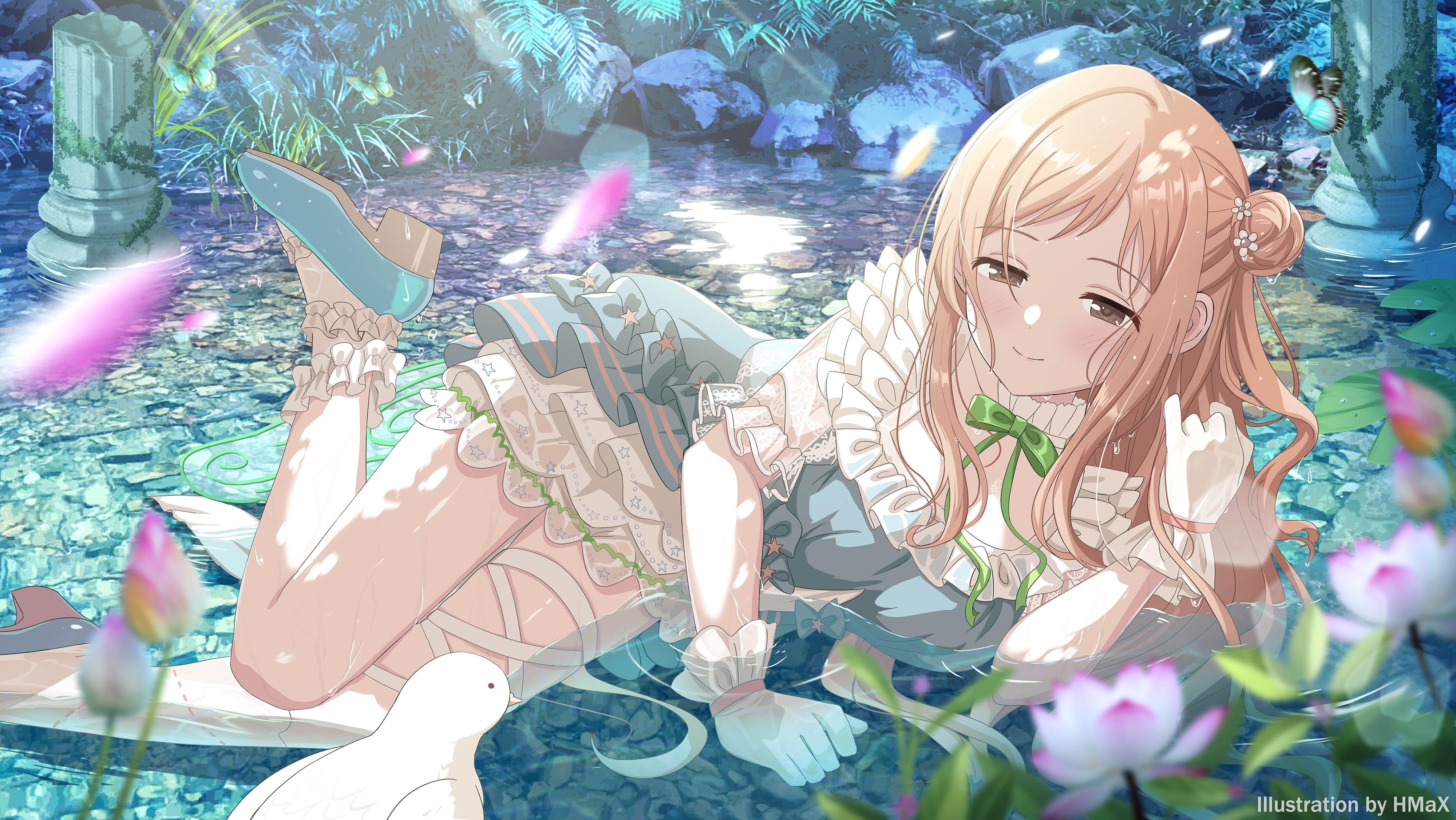 Girl in dress lying in water with flowers HD Wallpaper