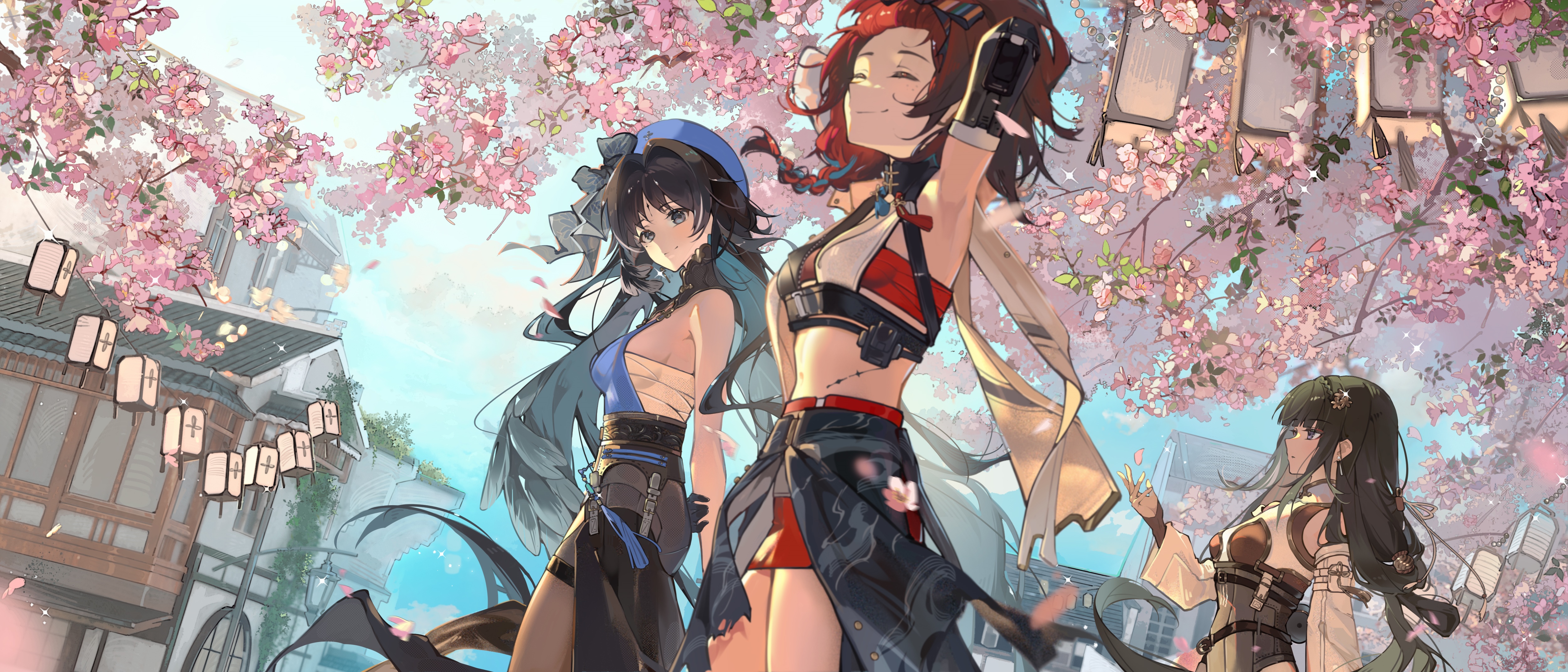Three anime girls under cherry blossoms HD Wallpaper
