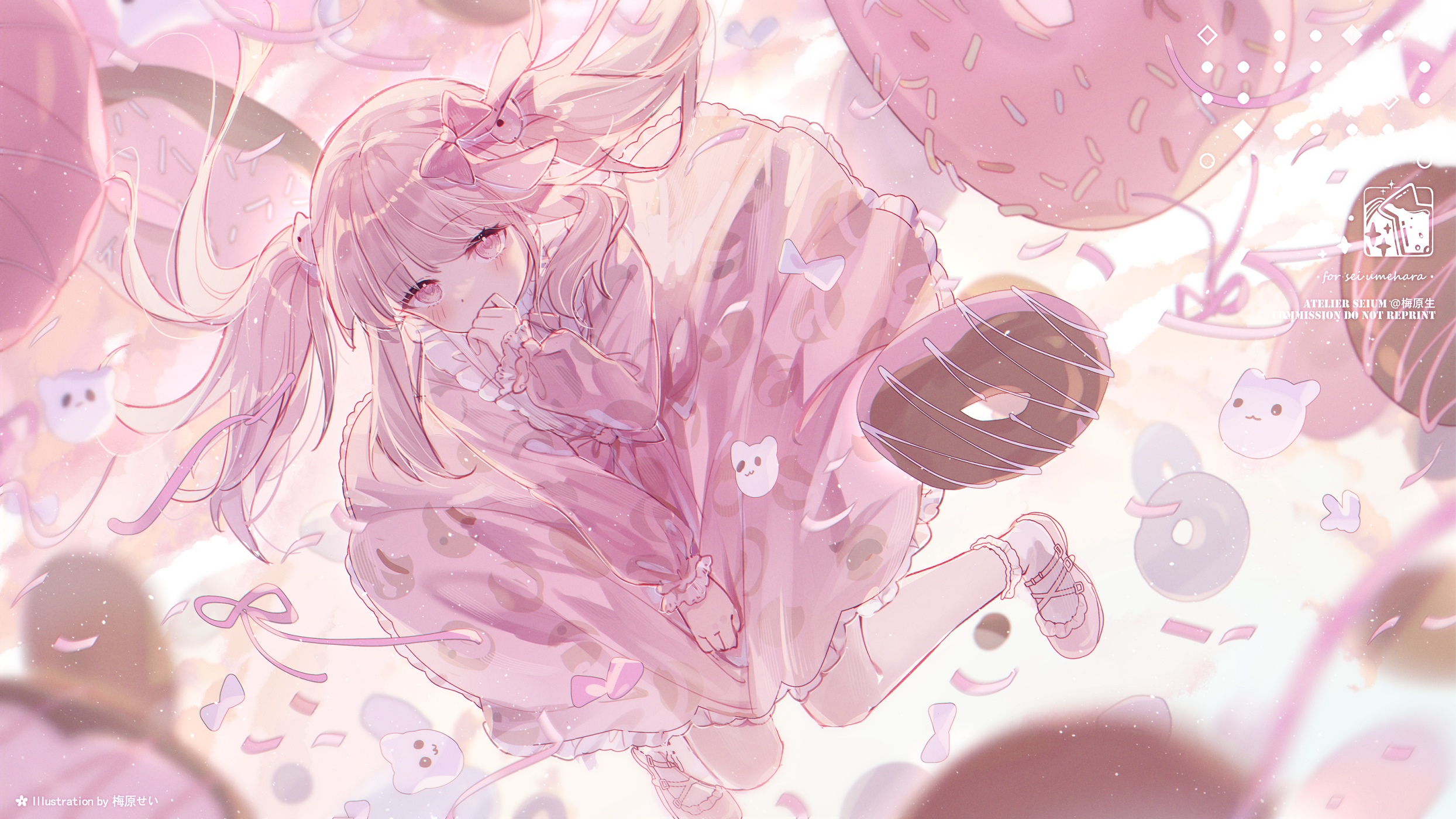 Girl in pink dress surrounded by donuts and sweets HD Wallpaper