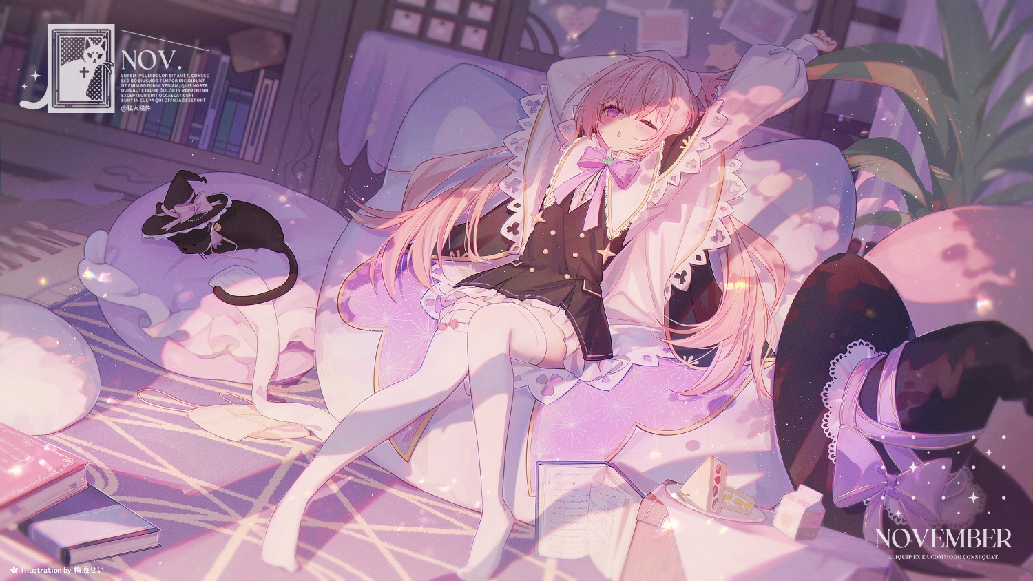 Girl with pink hair and cats in a room HD Wallpaper
