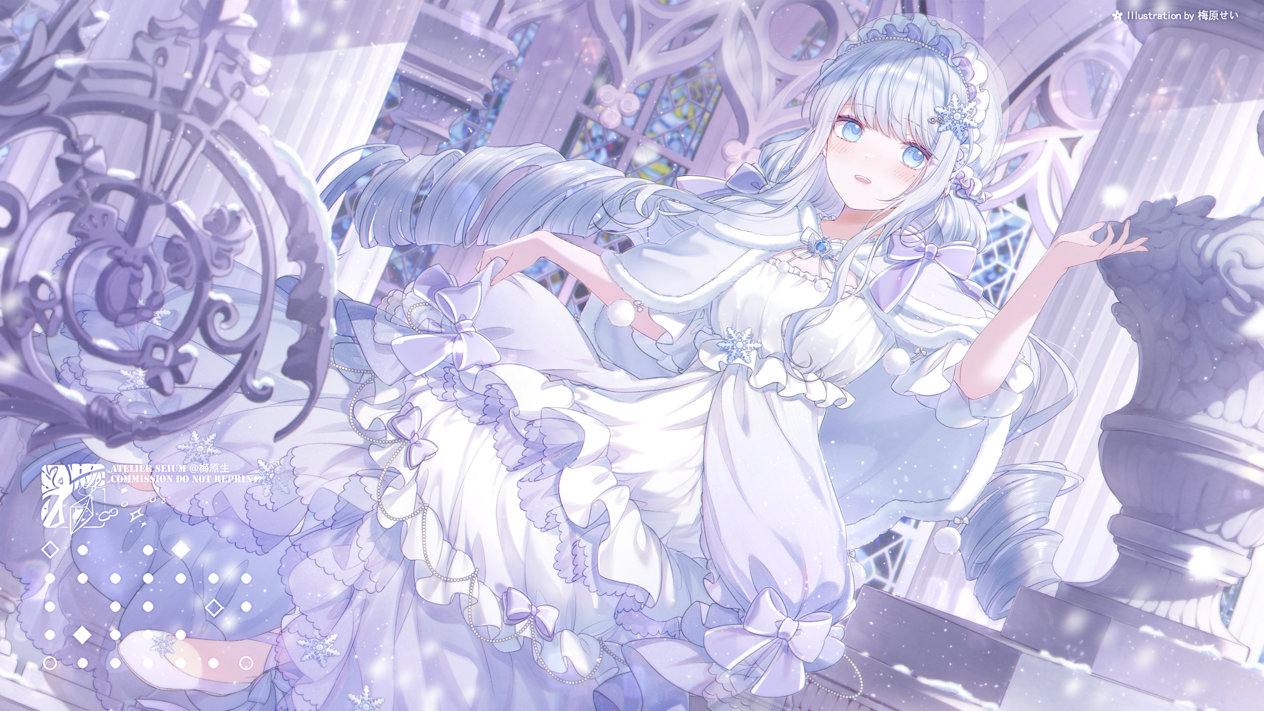 Girl with blue hair in a white dress with snowflakes HD Wallpaper