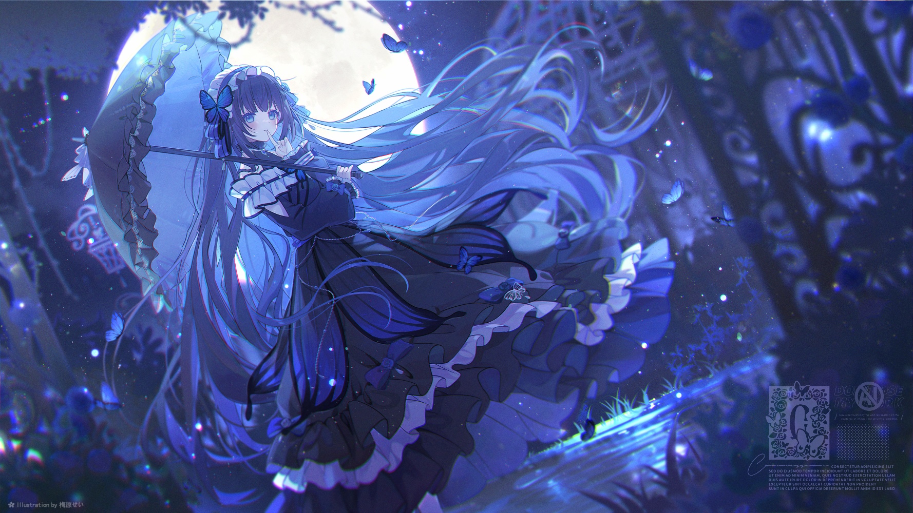 Girl with Umbrella Under Moonlight with Butterflies HD Wallpaper