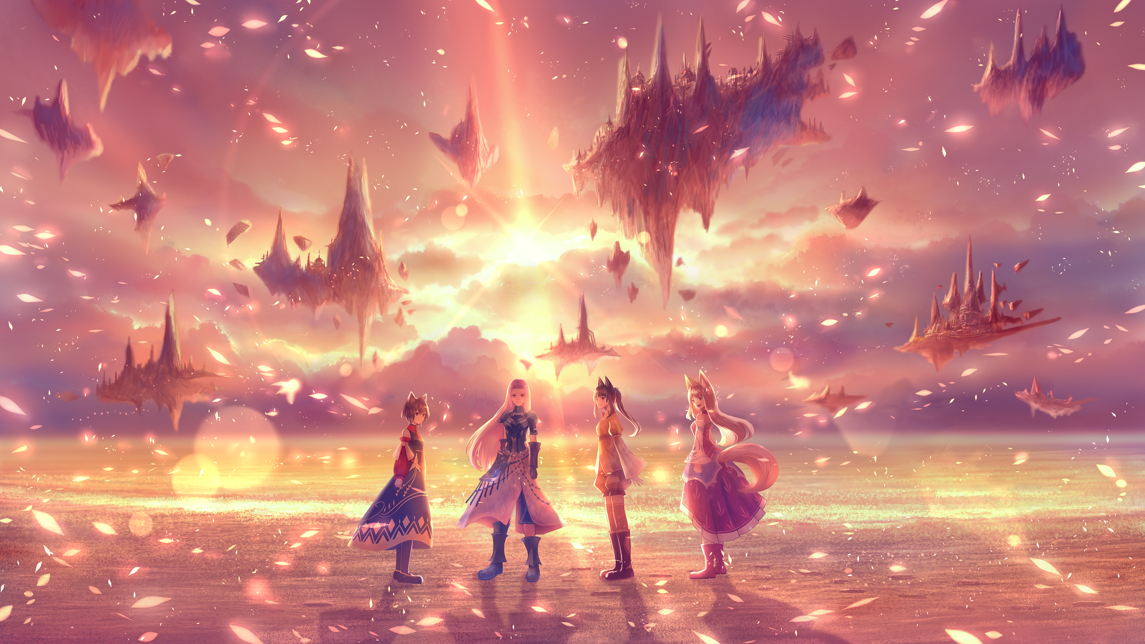 Four characters stand on a beach with floating islands in the sky HD Wallpaper