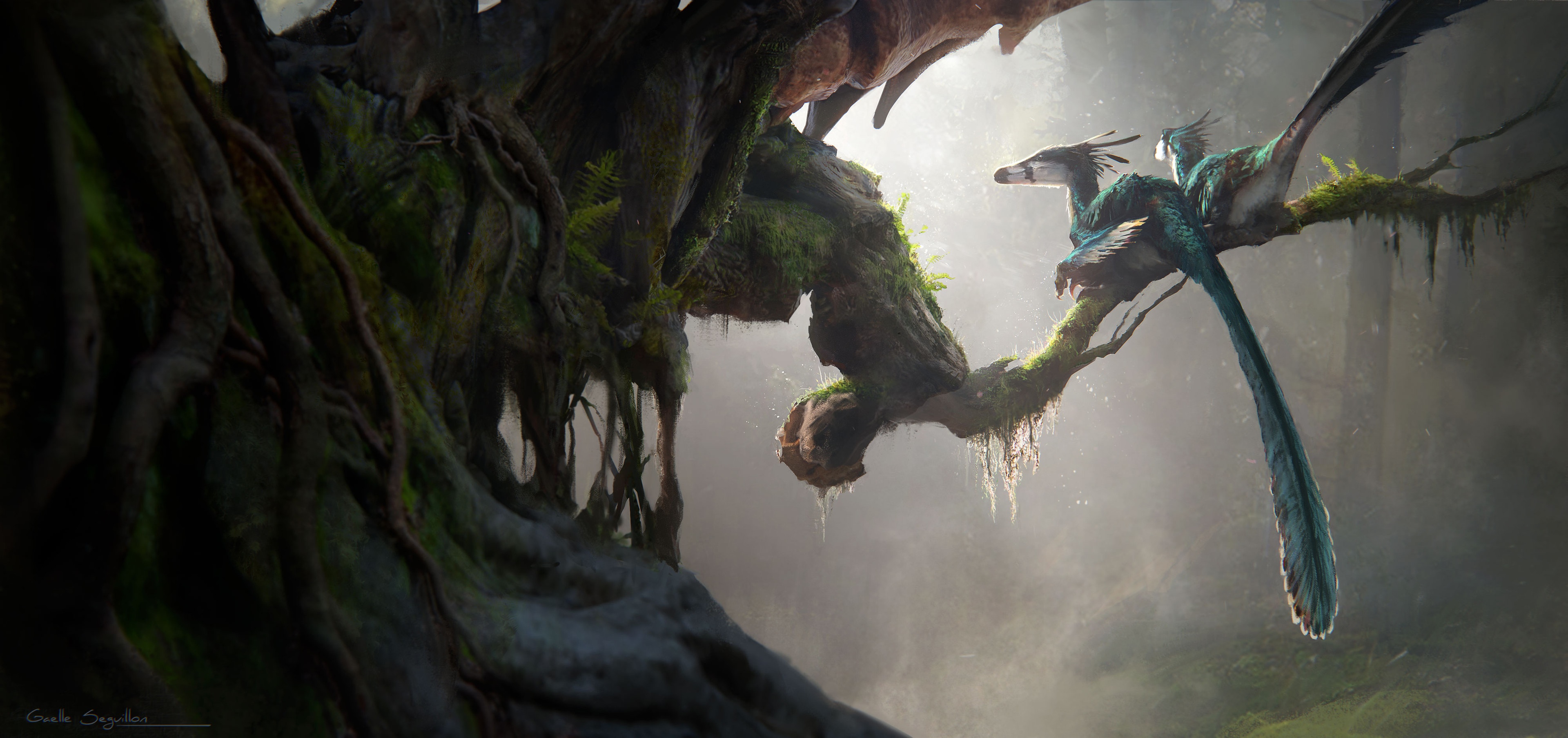 Dinosaurs on a mossy tree branch, concept art by Gaëlle Seguillon HD Wallpaper