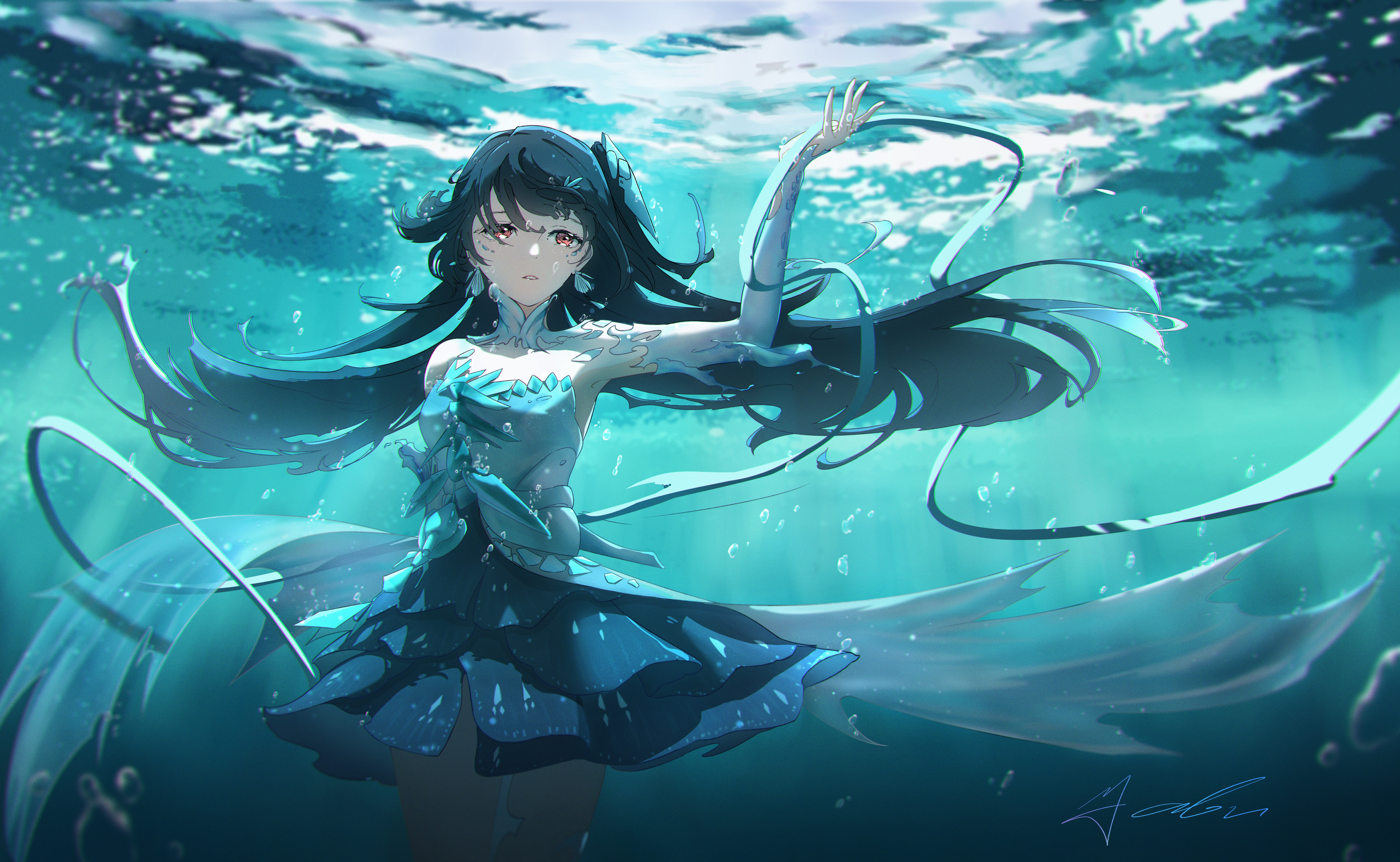 4K underwater anime girl in a blue dress HD Wallpaper