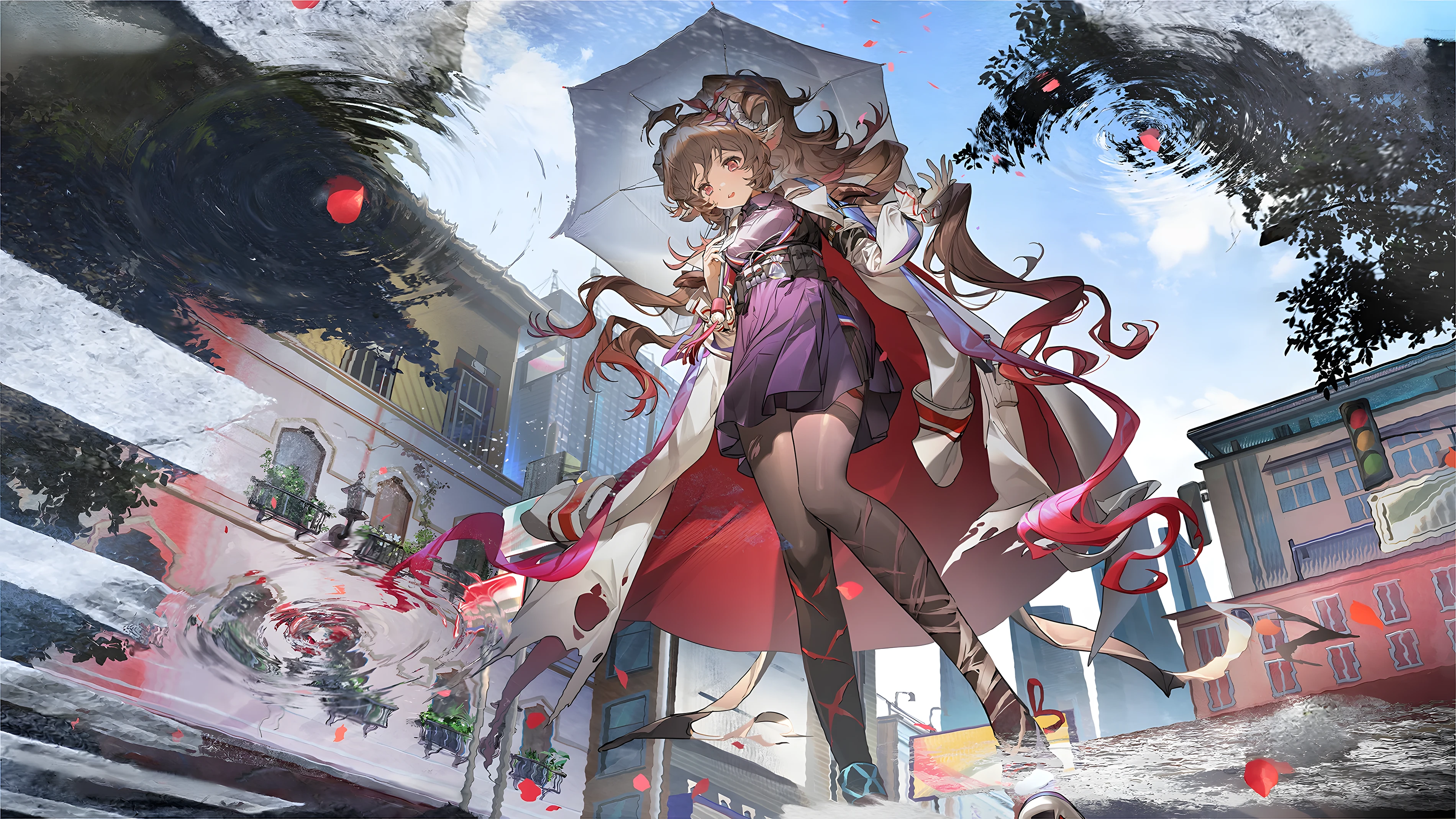 Eyjafjalla with an umbrella in a rainy city street HD Wallpaper