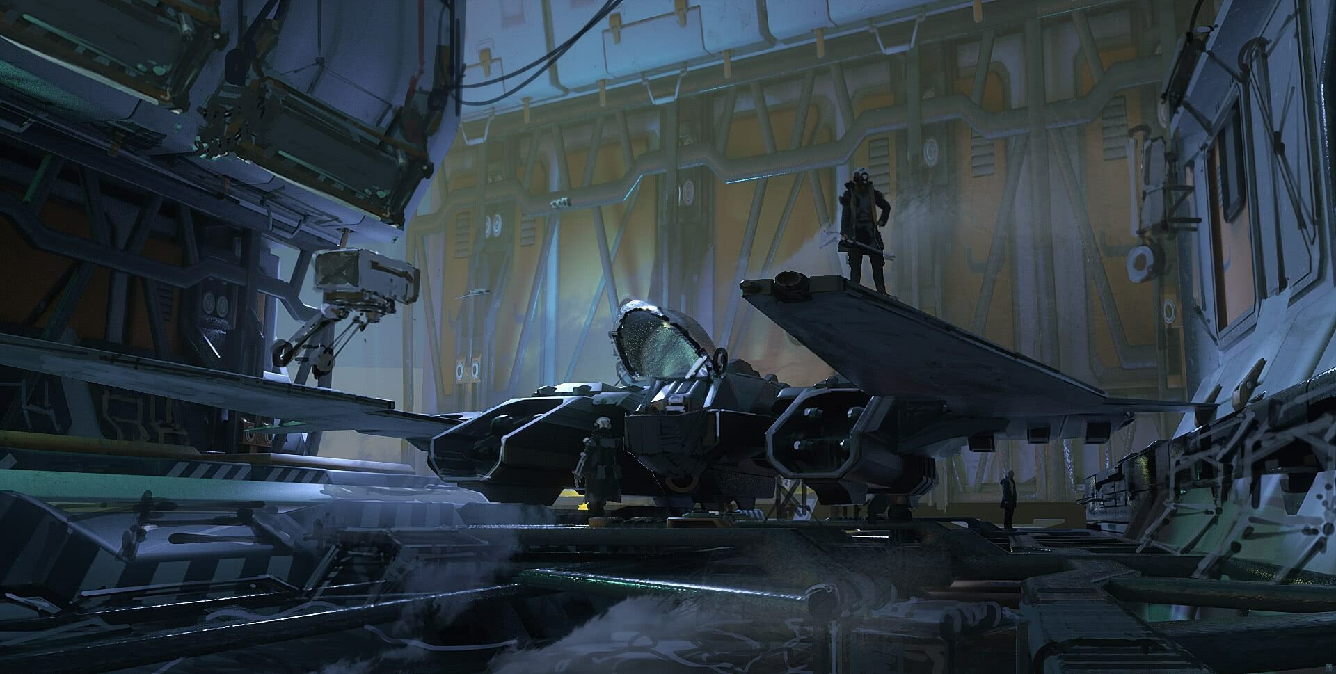 Sci-fi hangar with a fighter jet and crew HD Wallpaper