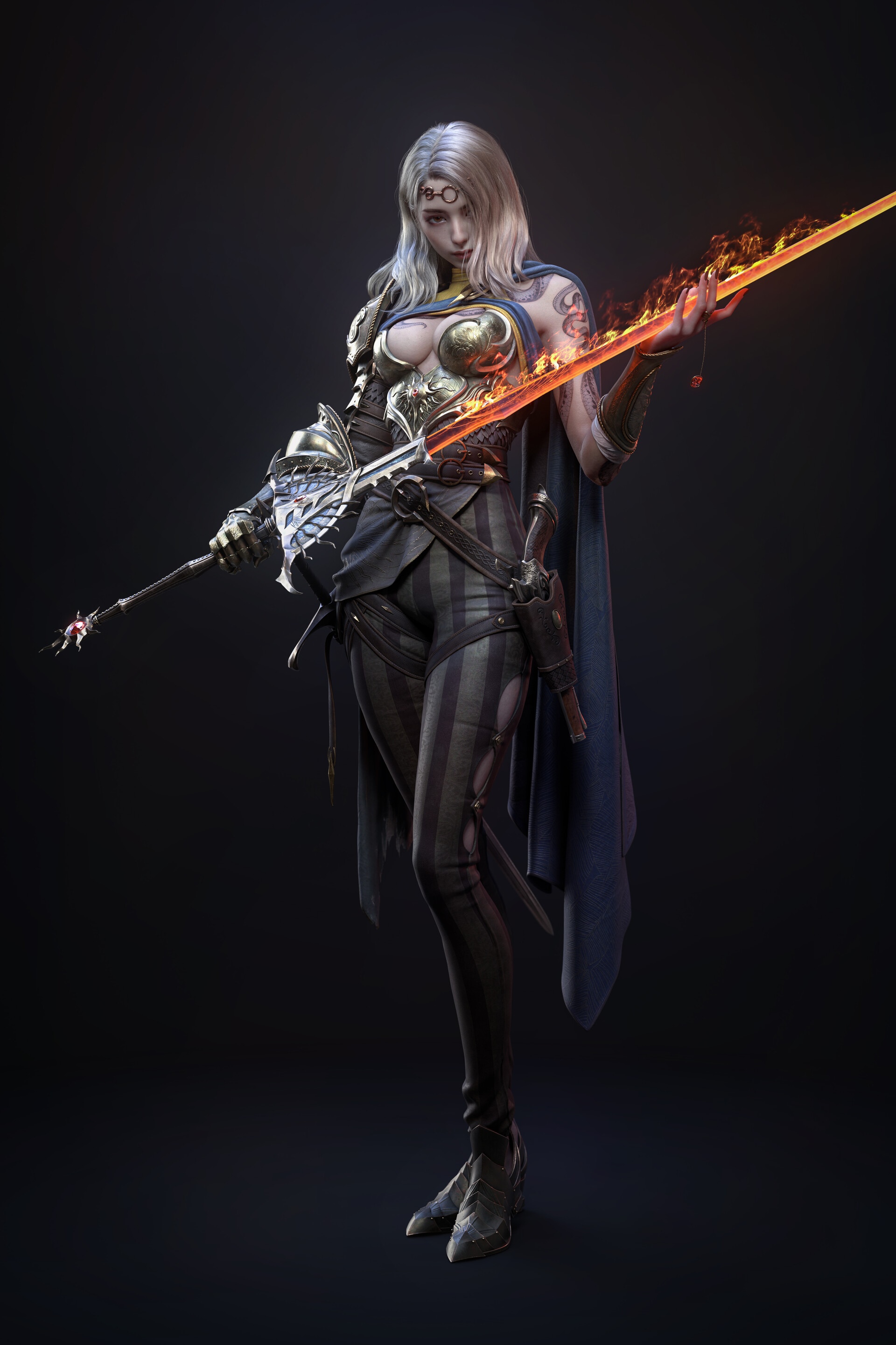 Fantasy warrior with silver hair and flaming sword HD Phone Wallpaper