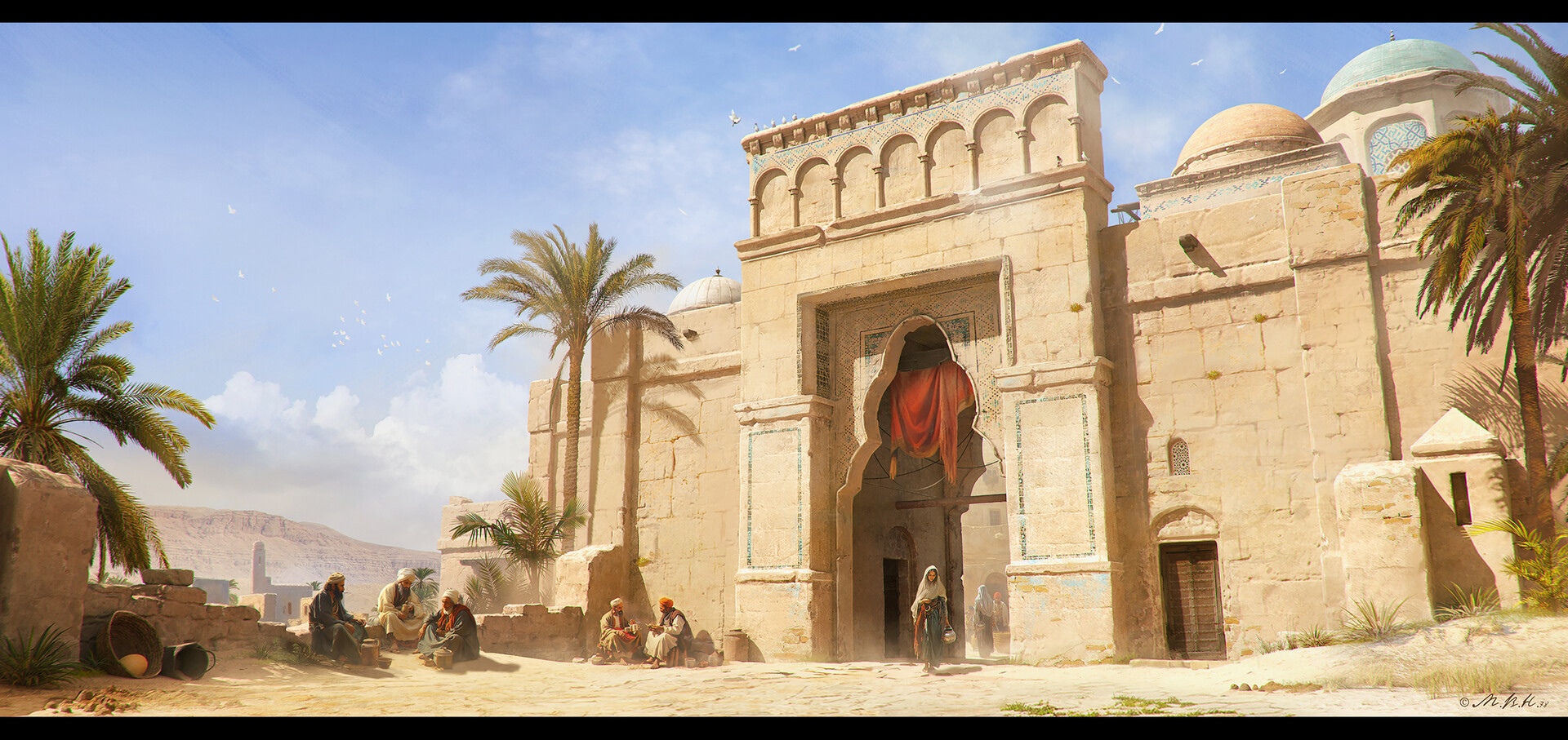 Oriental gates with people and palm trees by Vladimir Manyukhin HD Wallpaper