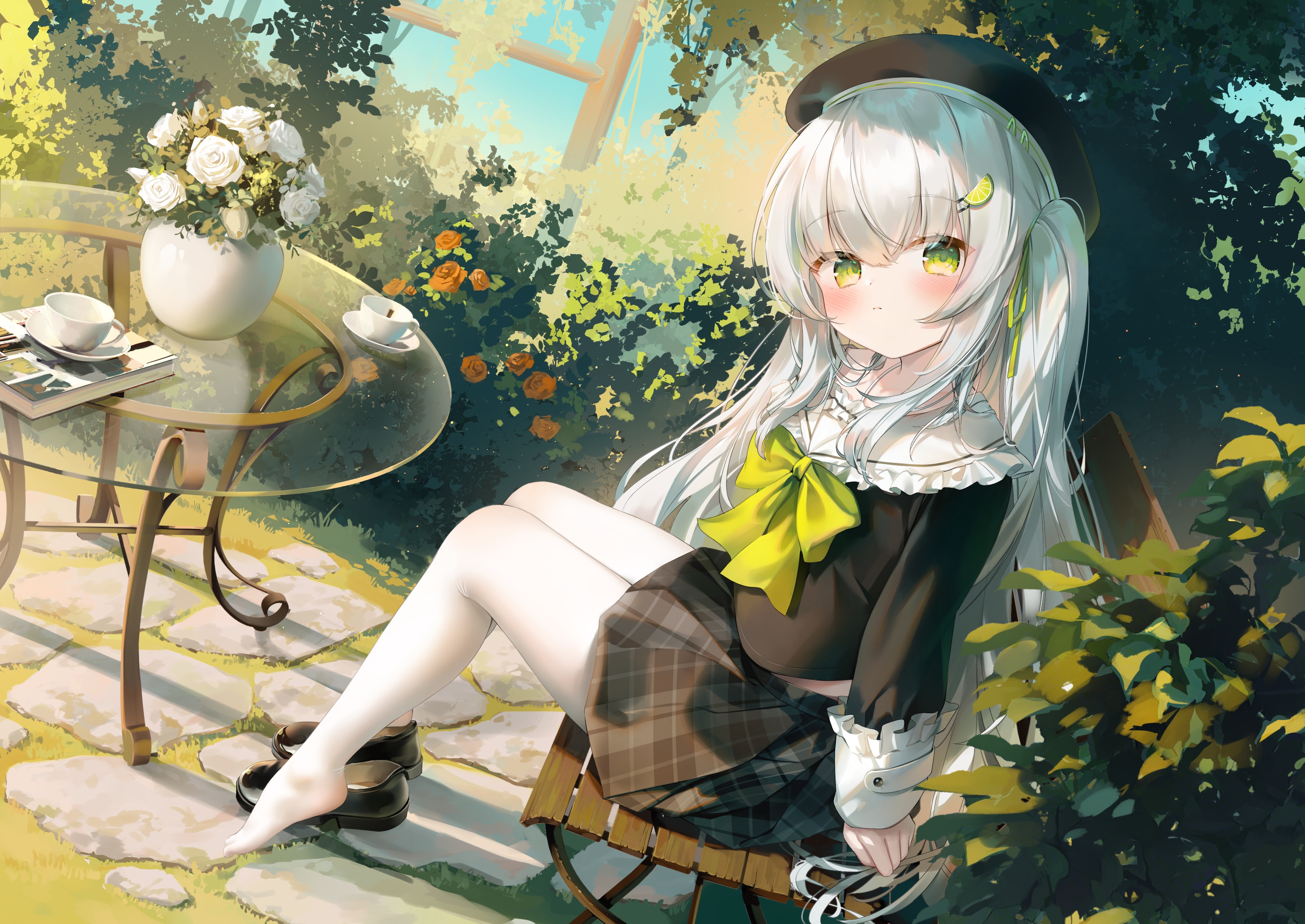Anime girl with white hair and green eyes sitting outdoors HD Wallpaper